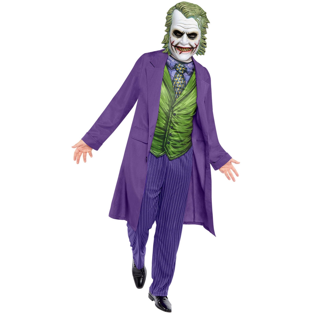 A man wearing the Adult Dark Knight Joker costume walking forward with arms slightly raised, showing off the iconic purple suit, printed green waistcoat, and scary clown mask.