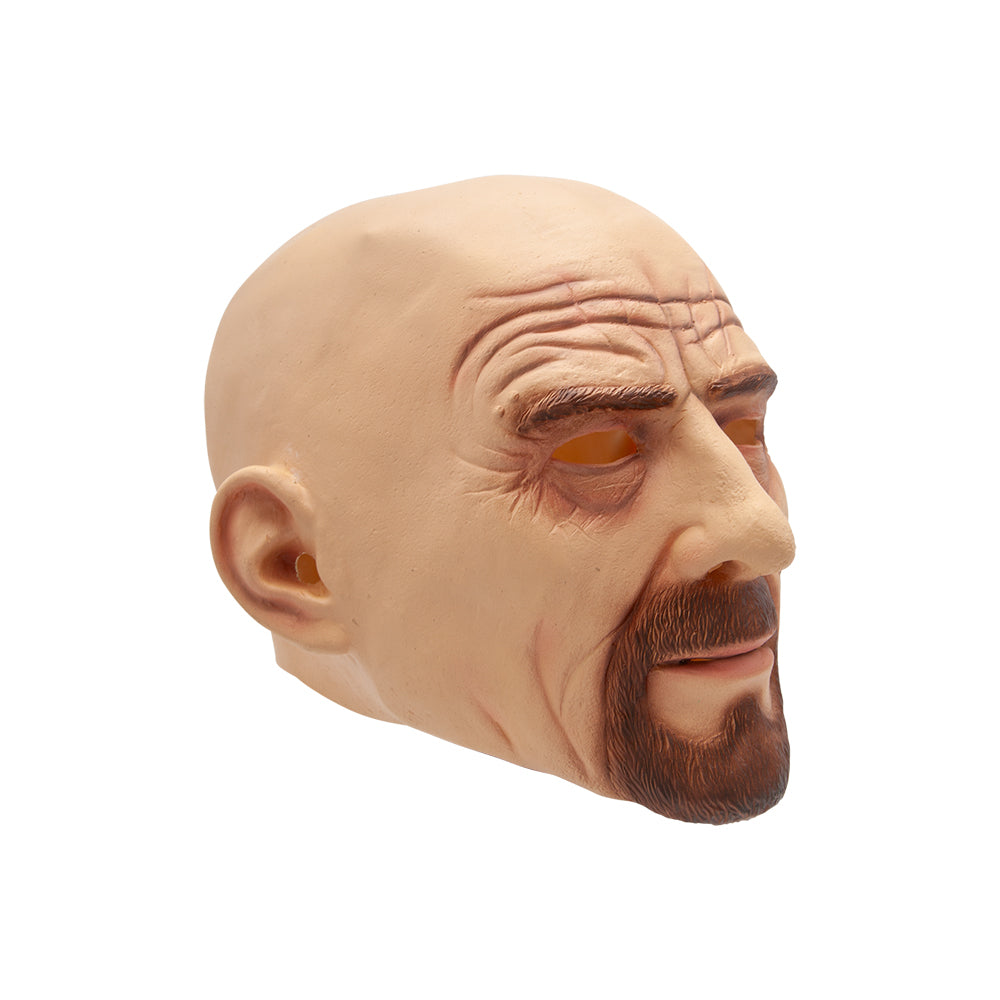 Side profile view of a bald man latex mask featuring a brown goatee, realistic molded facial wrinkles, and detailed ears.