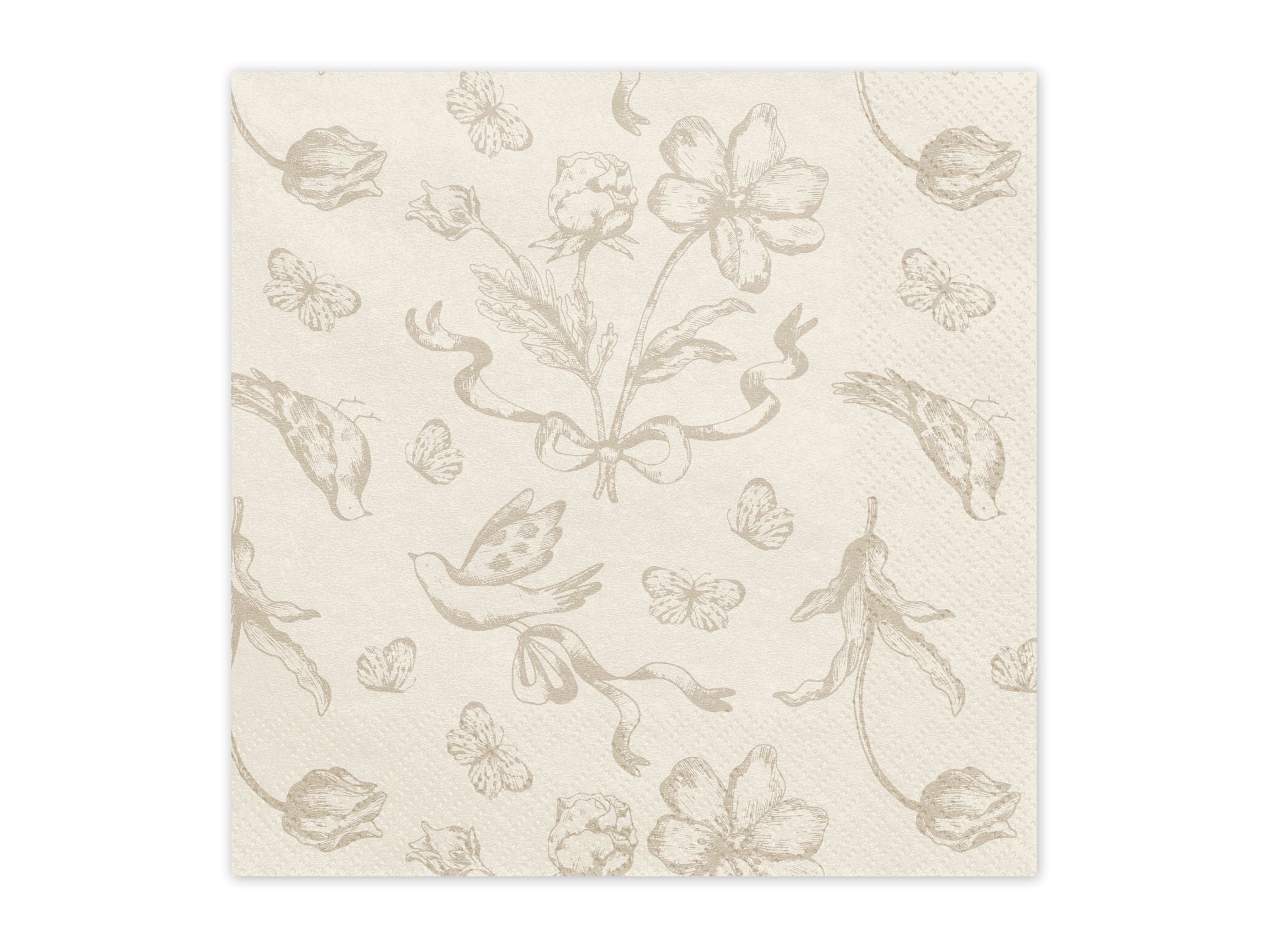 Square beige paper napkin with dark beige vintage flower, bird, and butterfly patterns.