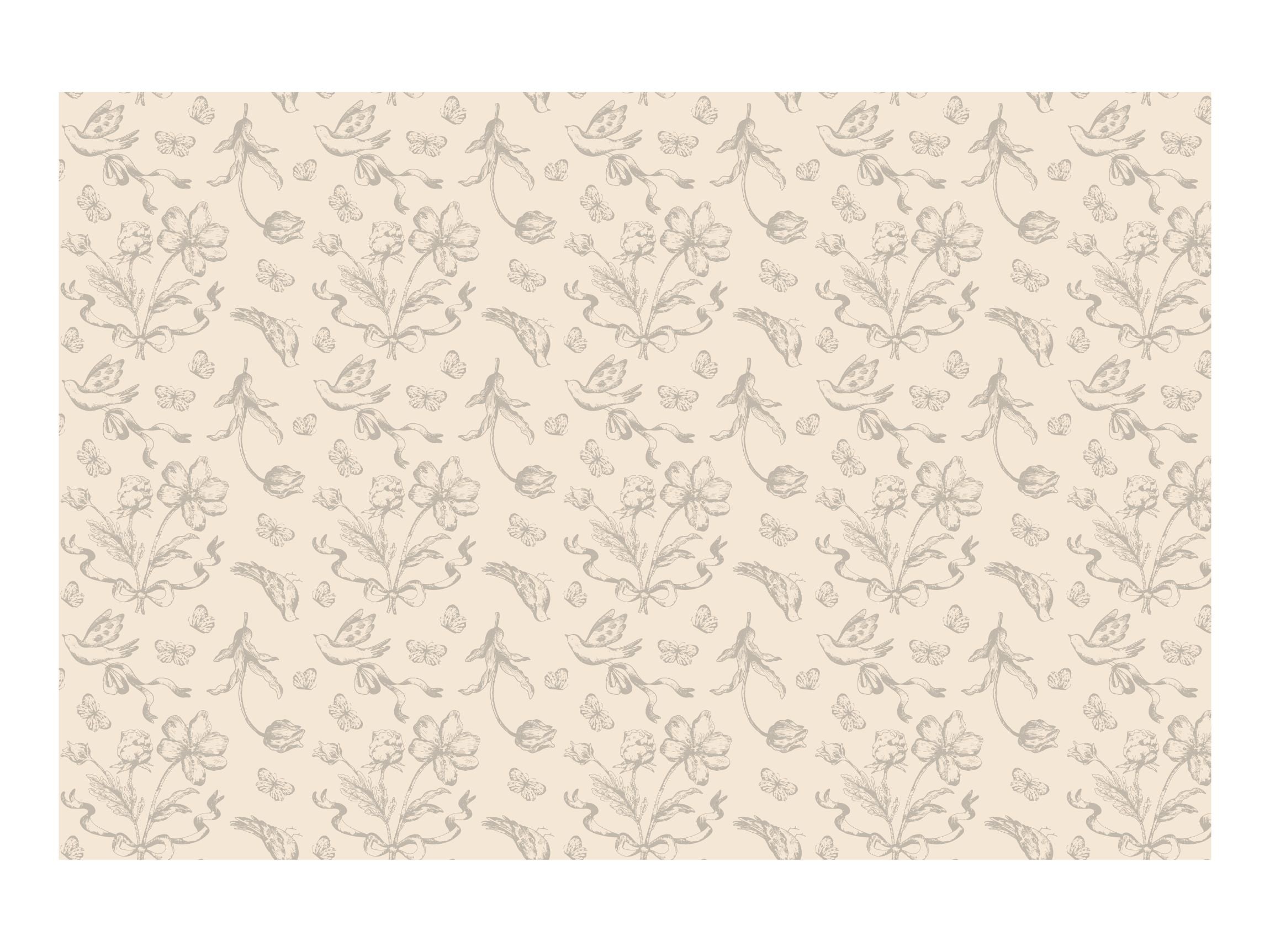 A rectangular beige tablecloth with a dark beige vintage floral, bird, and butterfly print