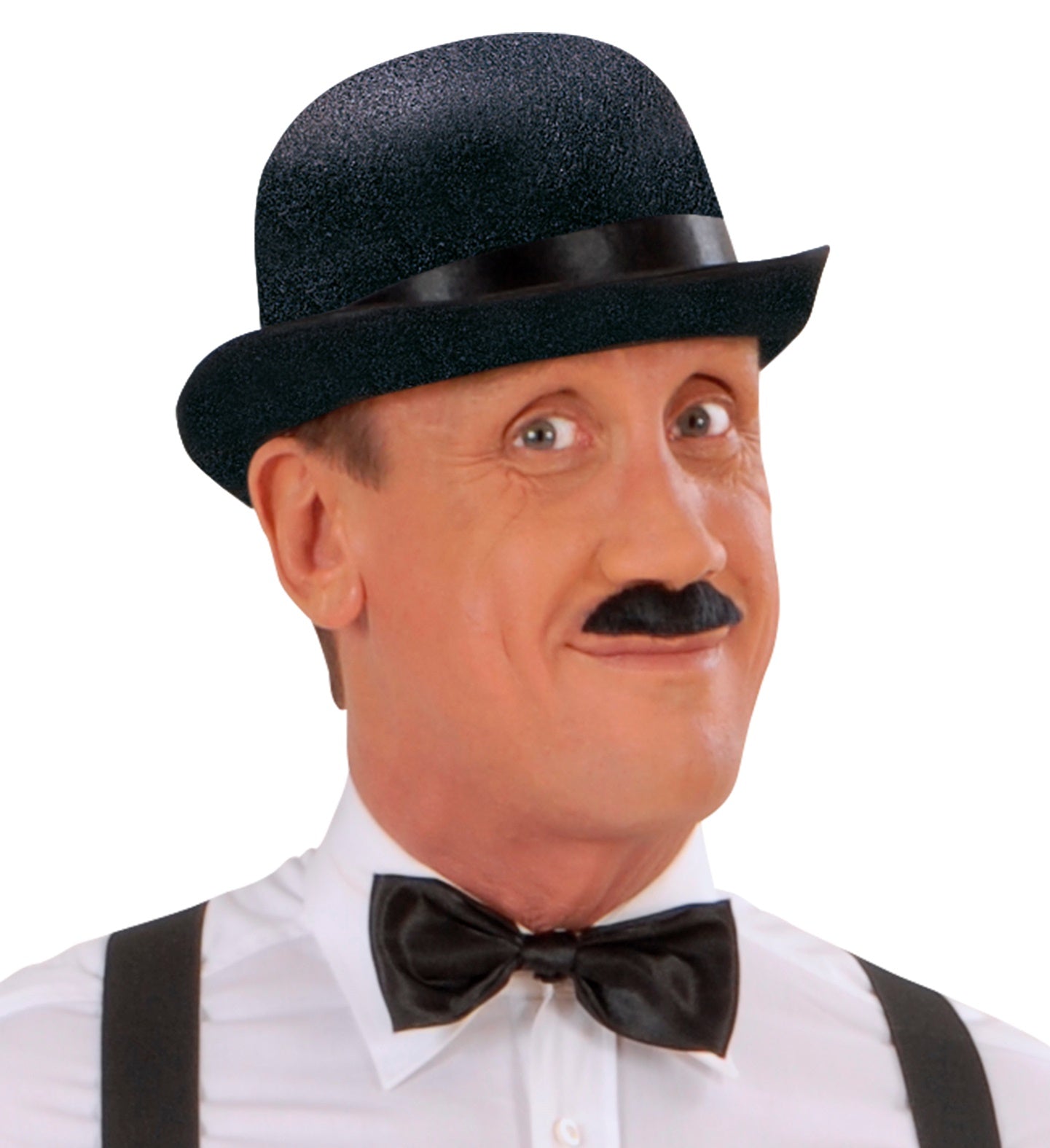 A close-up of a person's face, smiling slightly, wearing a black felt bowler hat and a drawn-on mustache, dressed in a white shirt, black tie, and suspenders.
