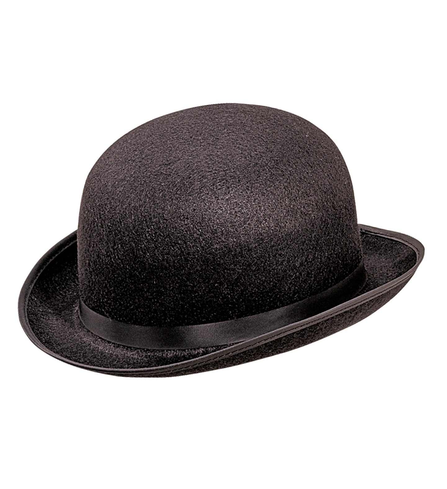 A single black felt bowler hat with a satin black ribbon band, shown at an angle, isolated on a white background.