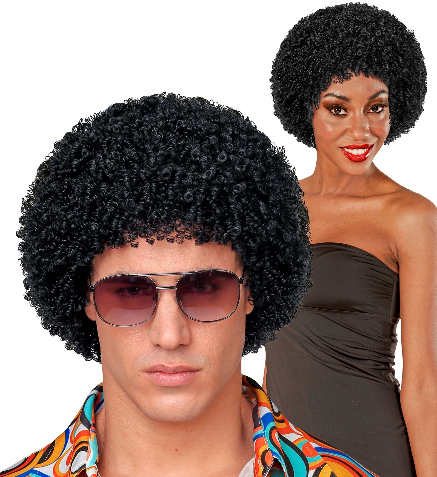 Man wearing an afro wig with sunglasses and a woman in a brown dress on a white background