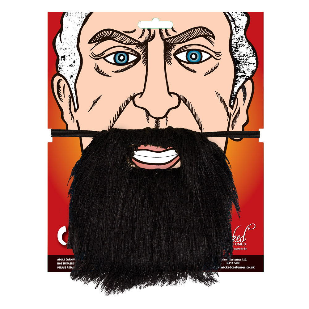 A fancy dress black costume beard accessory displayed on a cardboard packaging backing showing an illustrated face, featuring long synthetic black hair with an attached black elastic band.