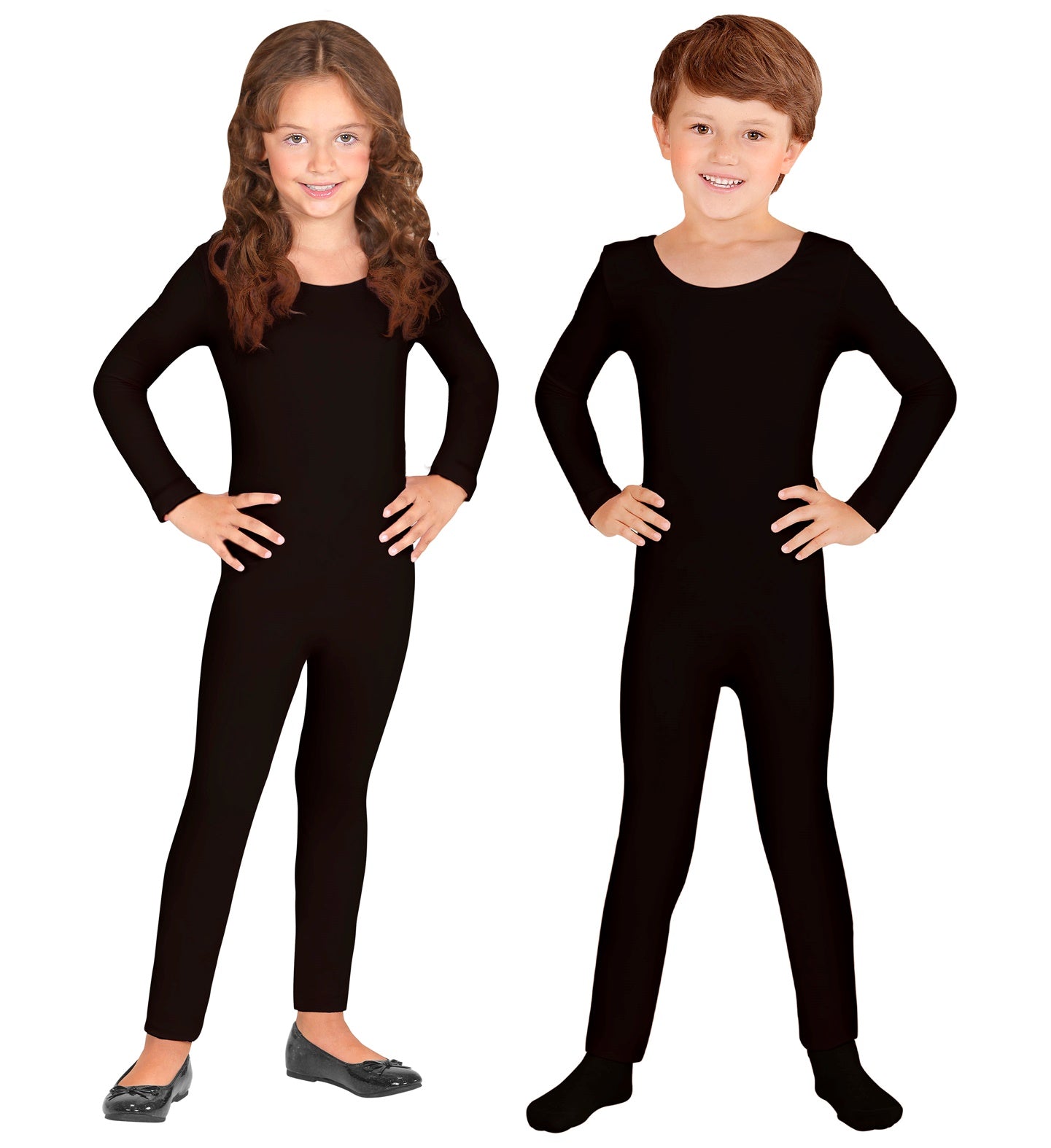 Two children, a girl and a boy, standing side-by-side with hands on hips, both wearing matching unisex children's black full-body bodysuits.