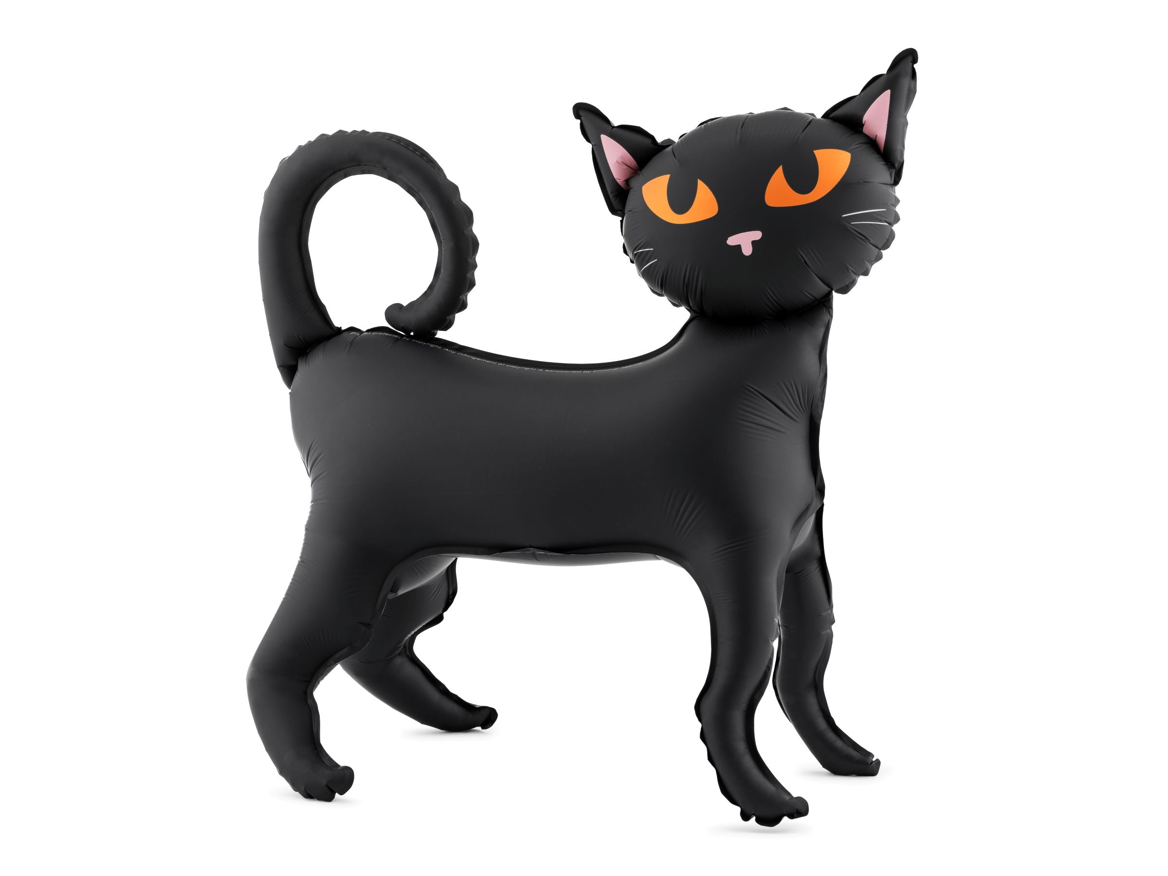 Matte black standing cat foil balloon with orange eyes, a pink nose, and a curled tail, shown against a plain background.