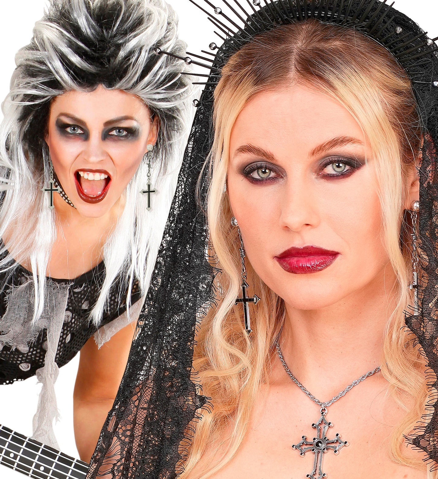 Two women wearing the gothic cross earrings, one with a wild 80s rocker wig and the other styled as a dark saint with a black lace veil.