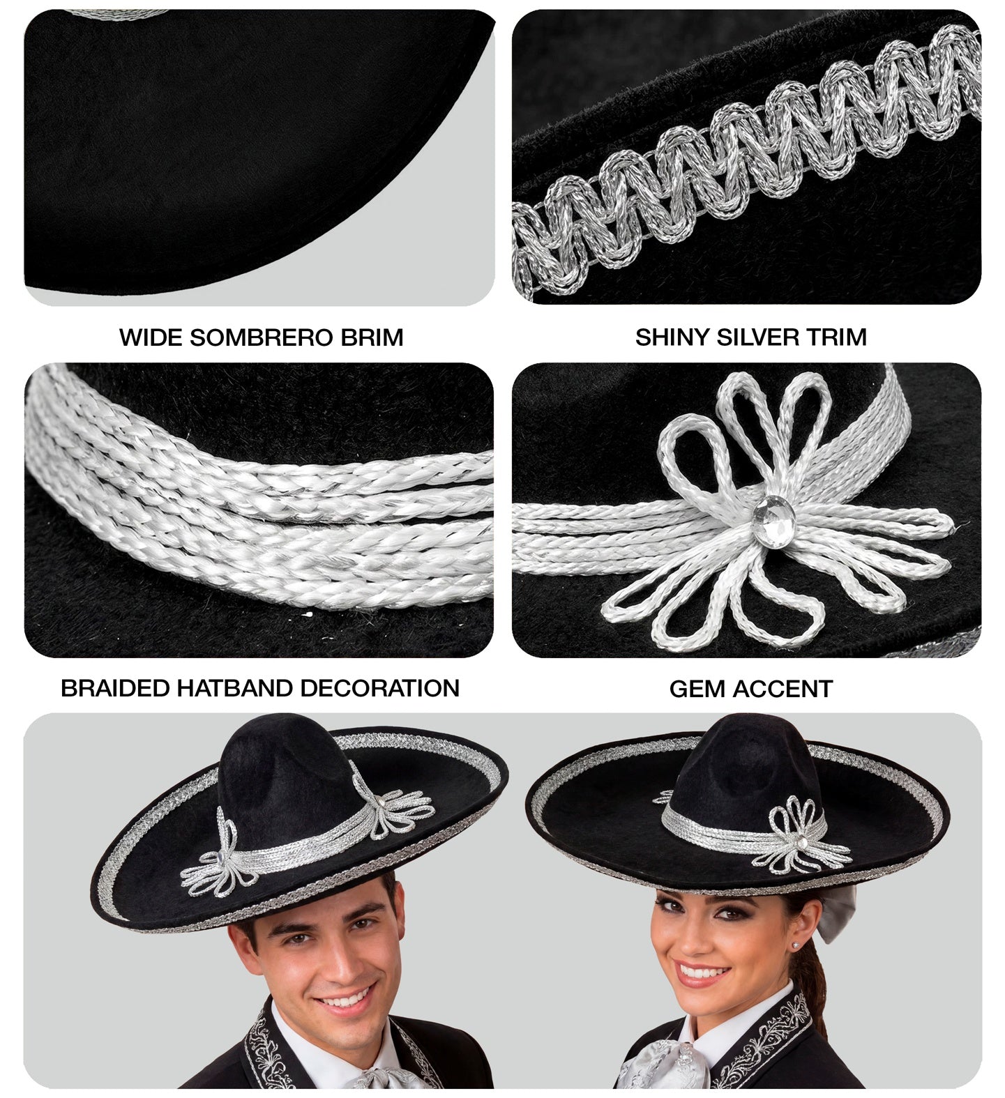 Six-panel product detail collage for a black sombrero hat, showing close-ups of the wide brim, shiny silver trim, braided hatband decoration, gem accent, and two models wearing the hat against a light gray background.
