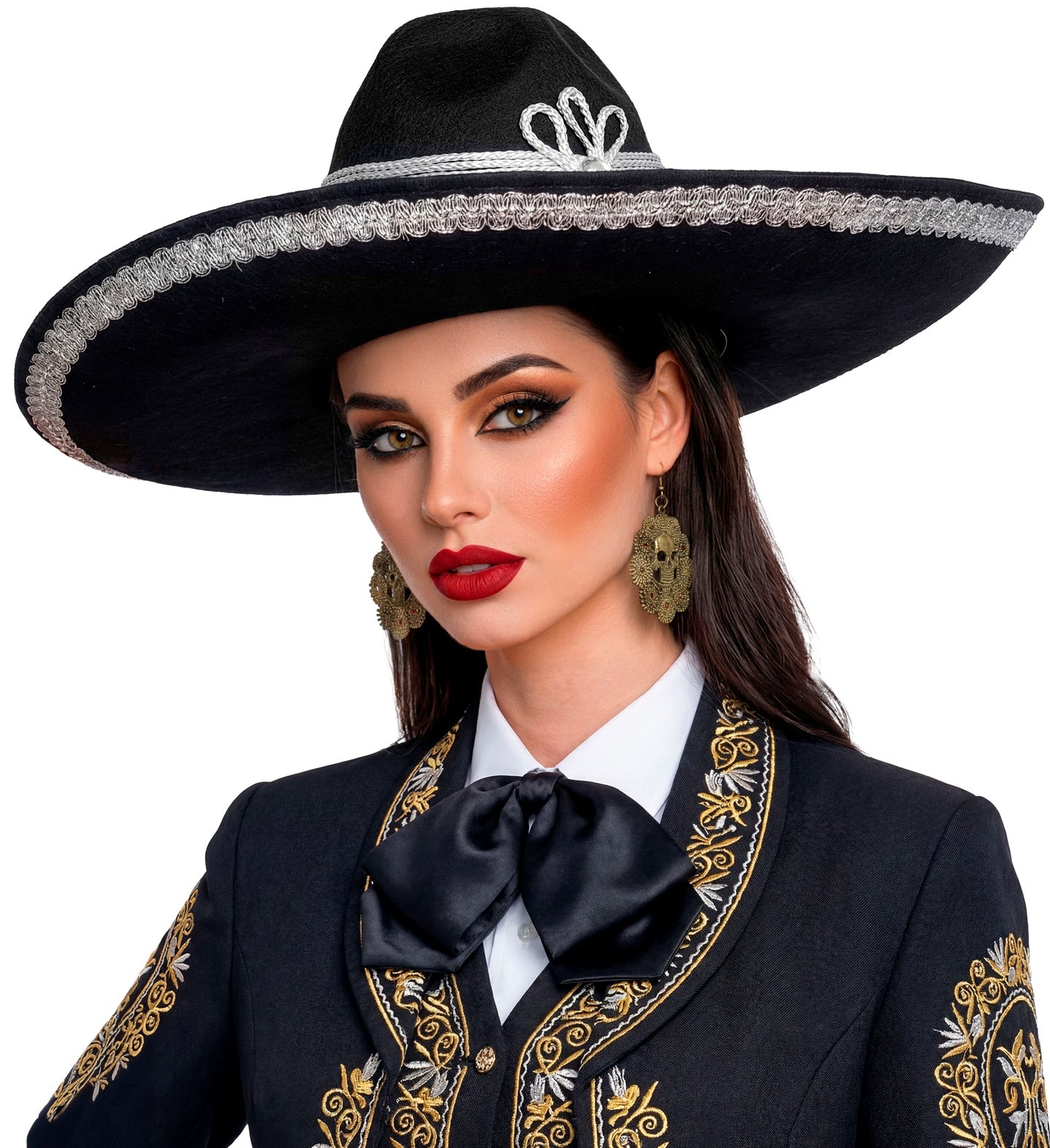 A woman wearing a black mariachi-style sombrero with silver trim and a black embroidered suit with gold detailing, photographed against a plain white background.