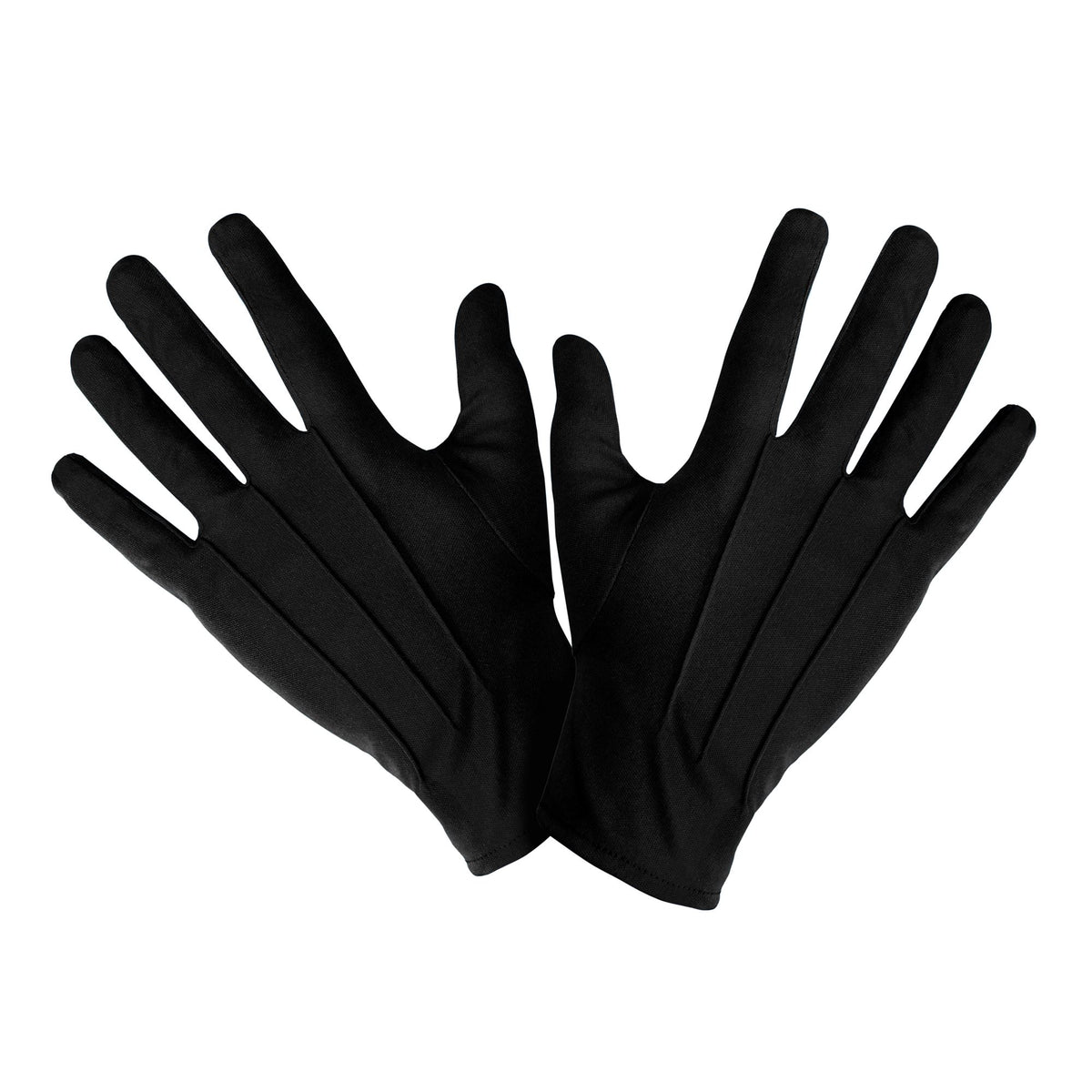 A flat lay product shot of a pair of 100% polyester short black adult costume gloves, featuring three stitched detail lines on the back of the hands.