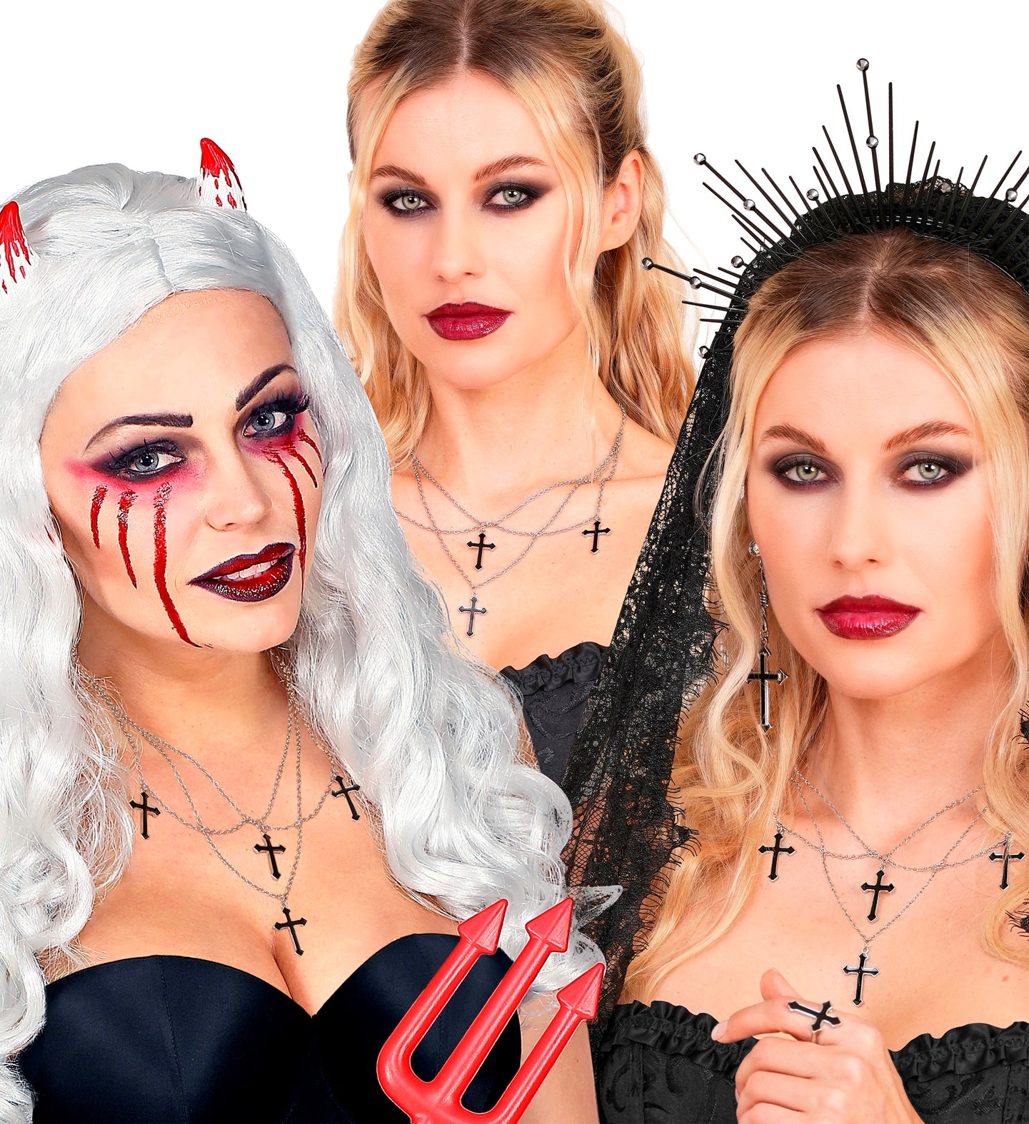 A collage showing three women modelling the layered gothic cross necklace, one styled as a she-devil and the other as a dark saint.
