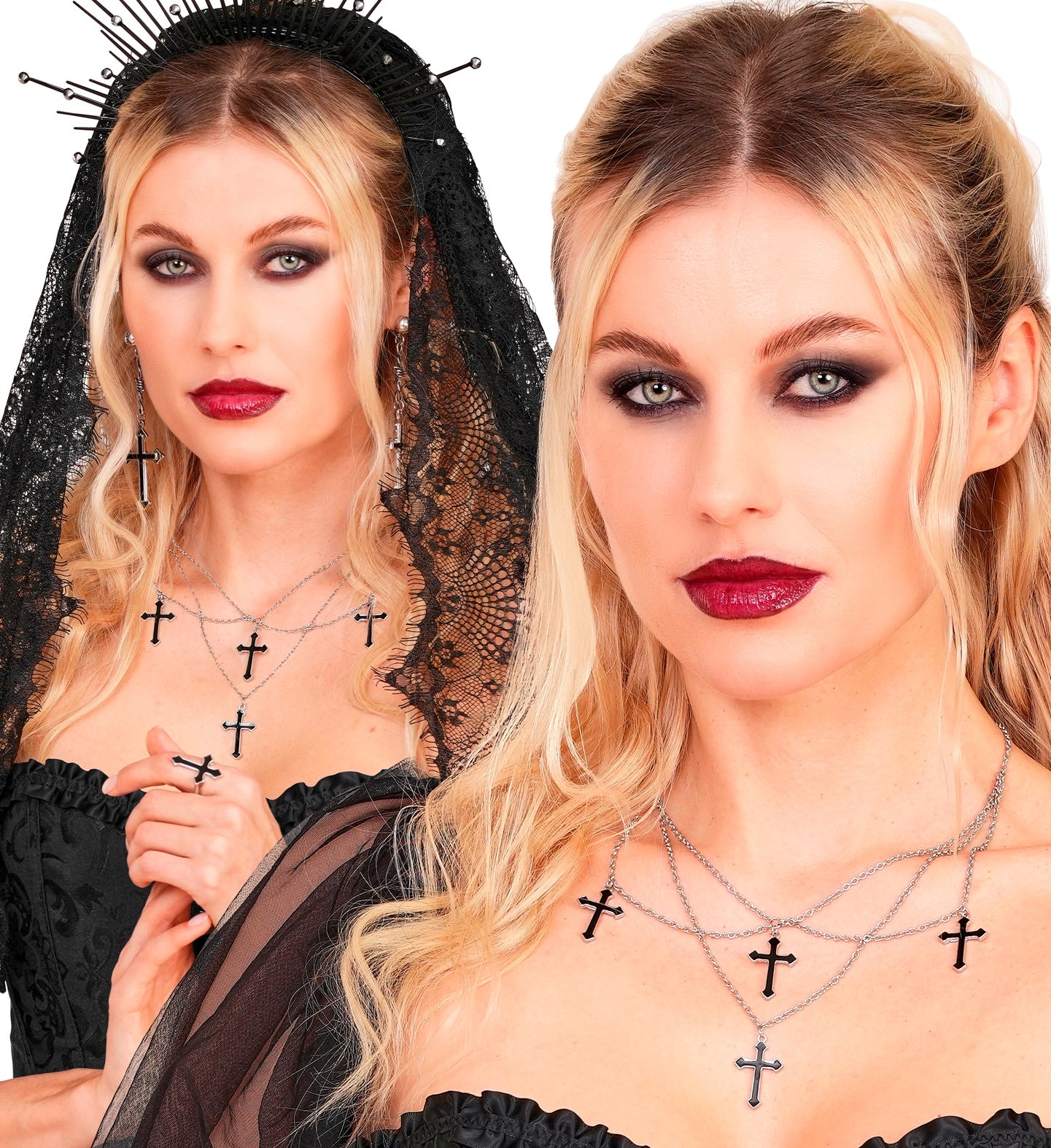 Two views of a woman wearing the multi-chain gothic cross necklace, one with a black halo crown and veil, and one as a simple gothic look.
