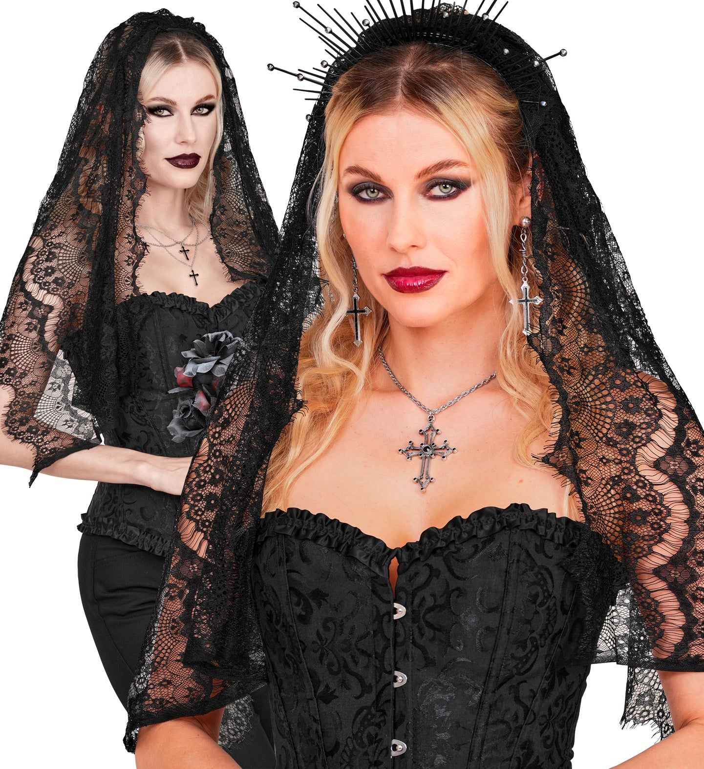 A close-up portrait of a woman wearing a black floral lace veil and a spiked halo headpiece, with an inset circle graphic highlighting the black plastic hair comb used to secure the veil.