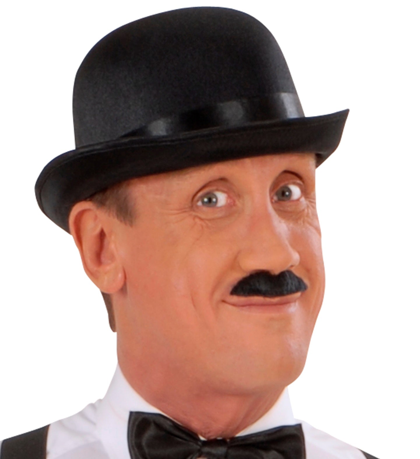 A close-up of a person's face, smiling slightly, wearing a black satin bowler hat and a drawn-on mustache, dressed in a white shirt, black tie, and suspenders.