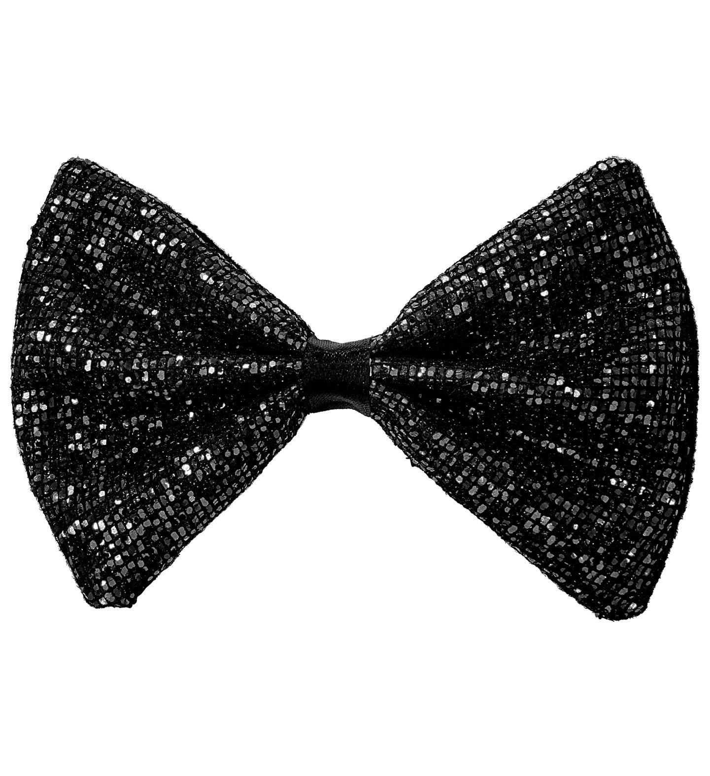 A black bowtie accessory completely covered in silver and black glitter.