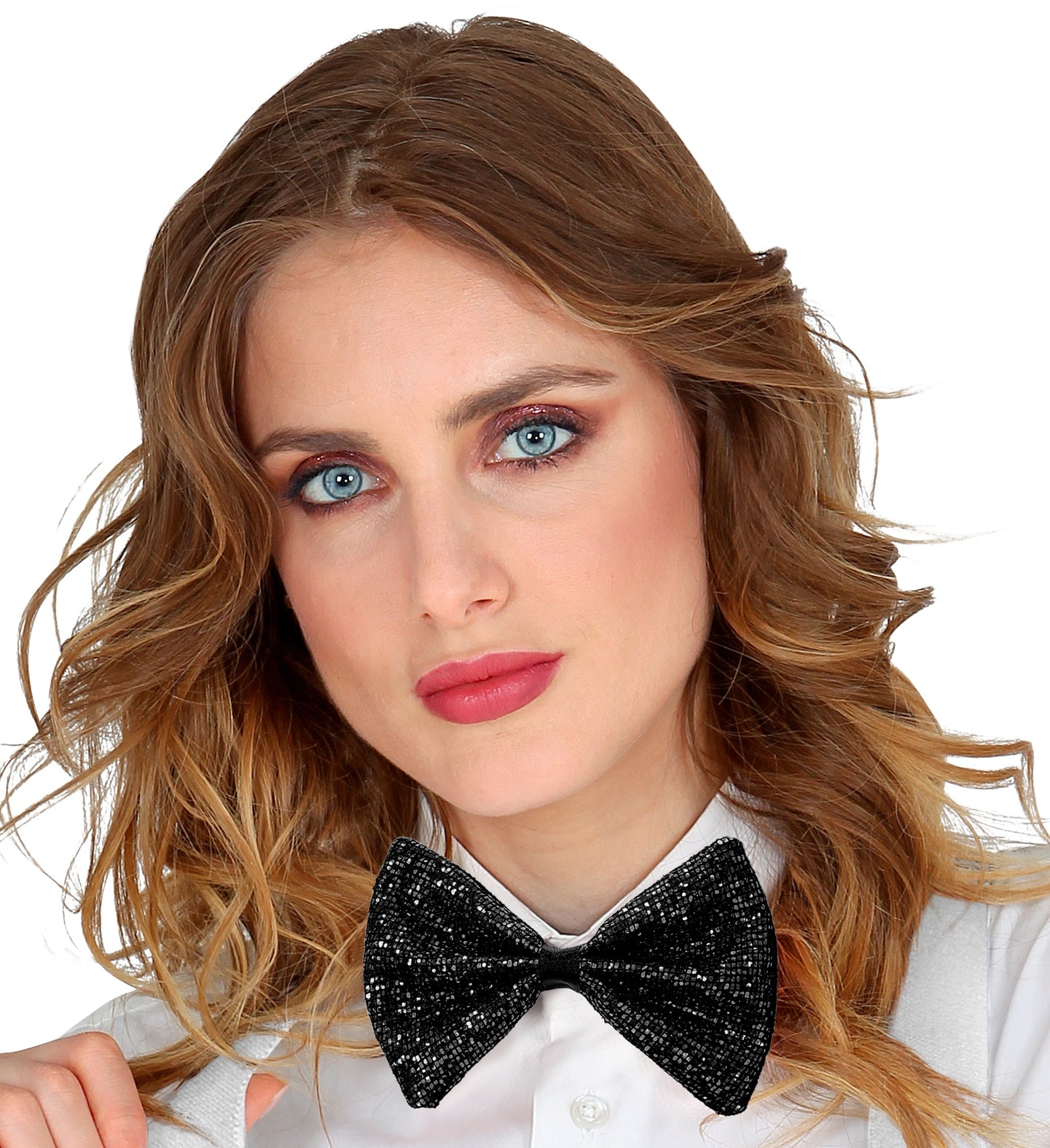 A woman with blue eyes wearing the black glitter bowtie for a stylish, formal look.