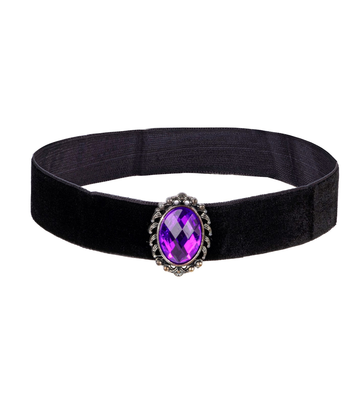 A black velvet choker necklace featuring an ornate silver-toned zinc alloy pendant with a faceted oval purple acrylic gem.