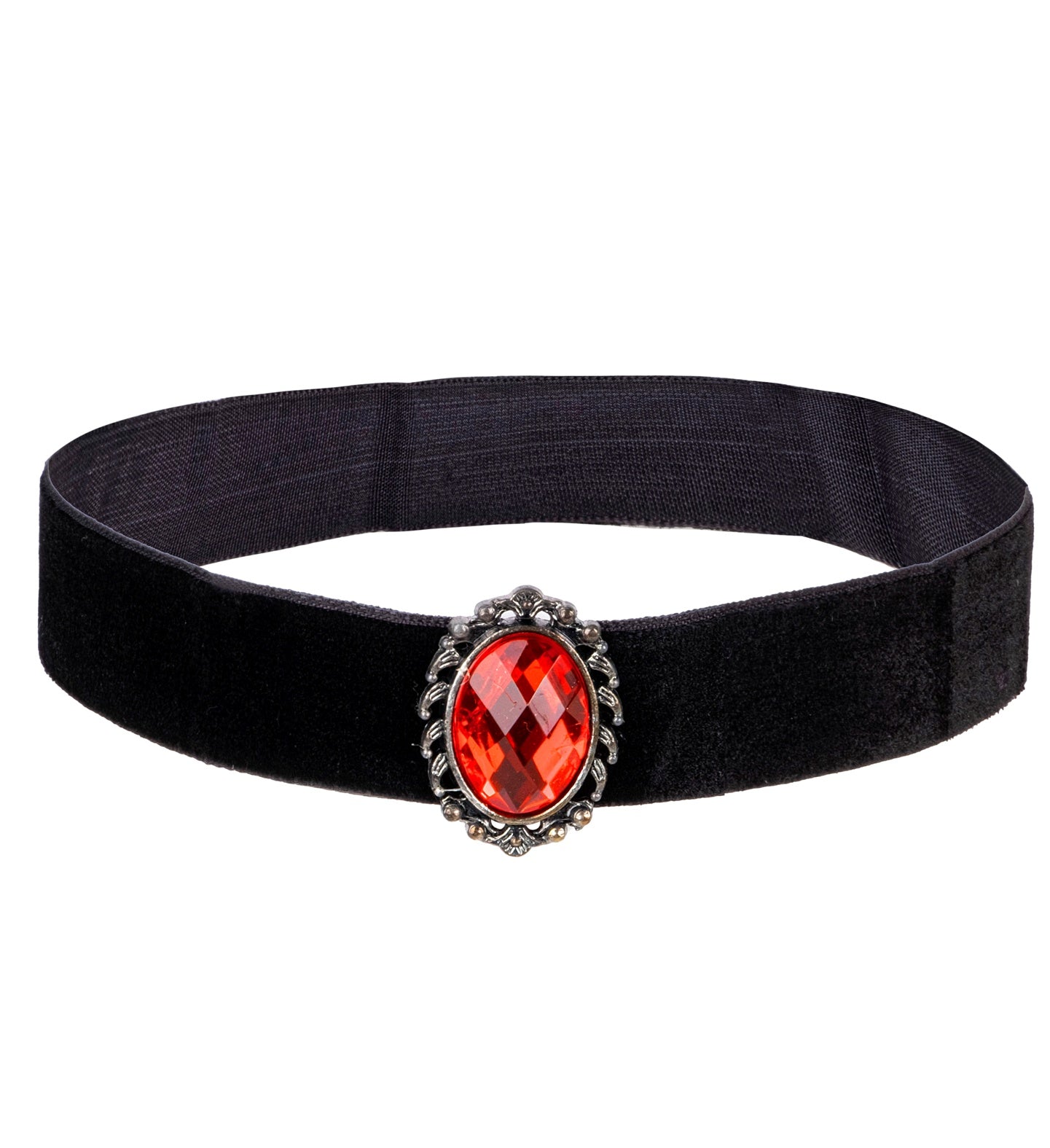 A classic black velvet costume choker necklace featuring a central, large oval red gemstone set in a decorative, antique silver-style casing.