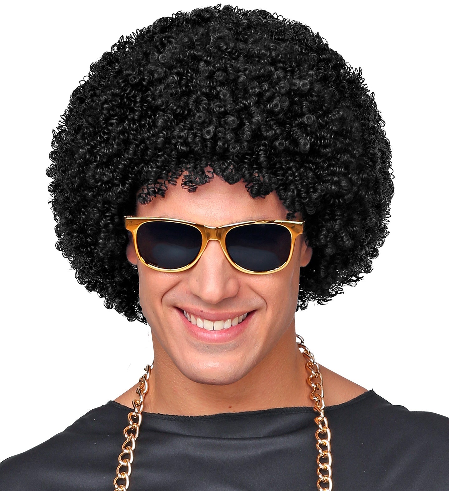 Close-up of a smiling man wearing a black 70s disco wig, gold-rimmed sunglasses, and a chunky gold chain.