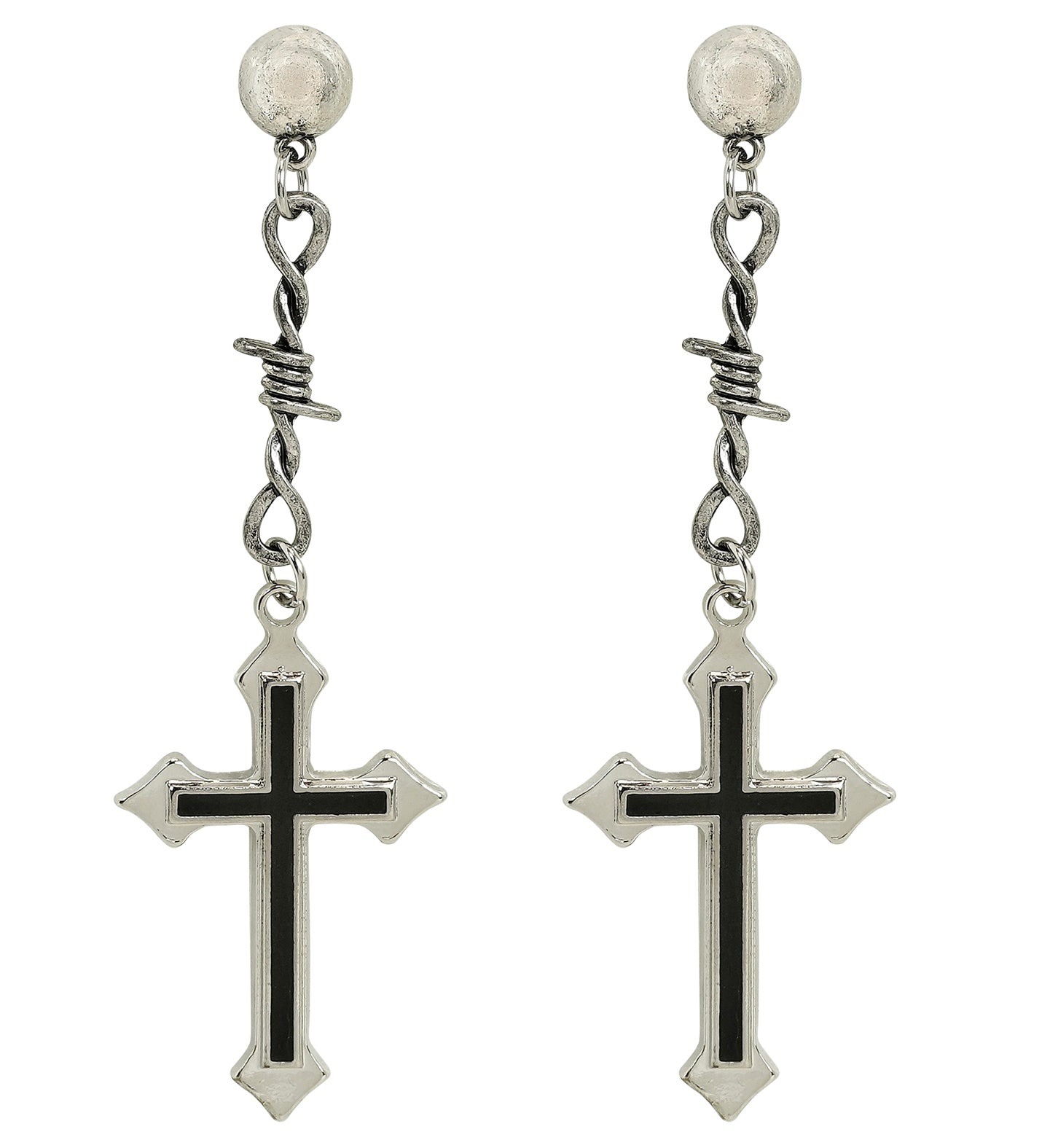 A pair of gothic dangle earrings featuring a silver-tone cross with black inlay, a faux barbed wire detail, and a ball stud.