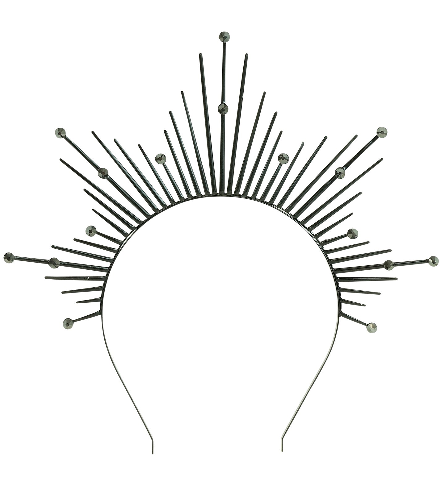 A black metal halo headband with a sunburst design of radiating spikes, each tipped with a small, sparkling gem.