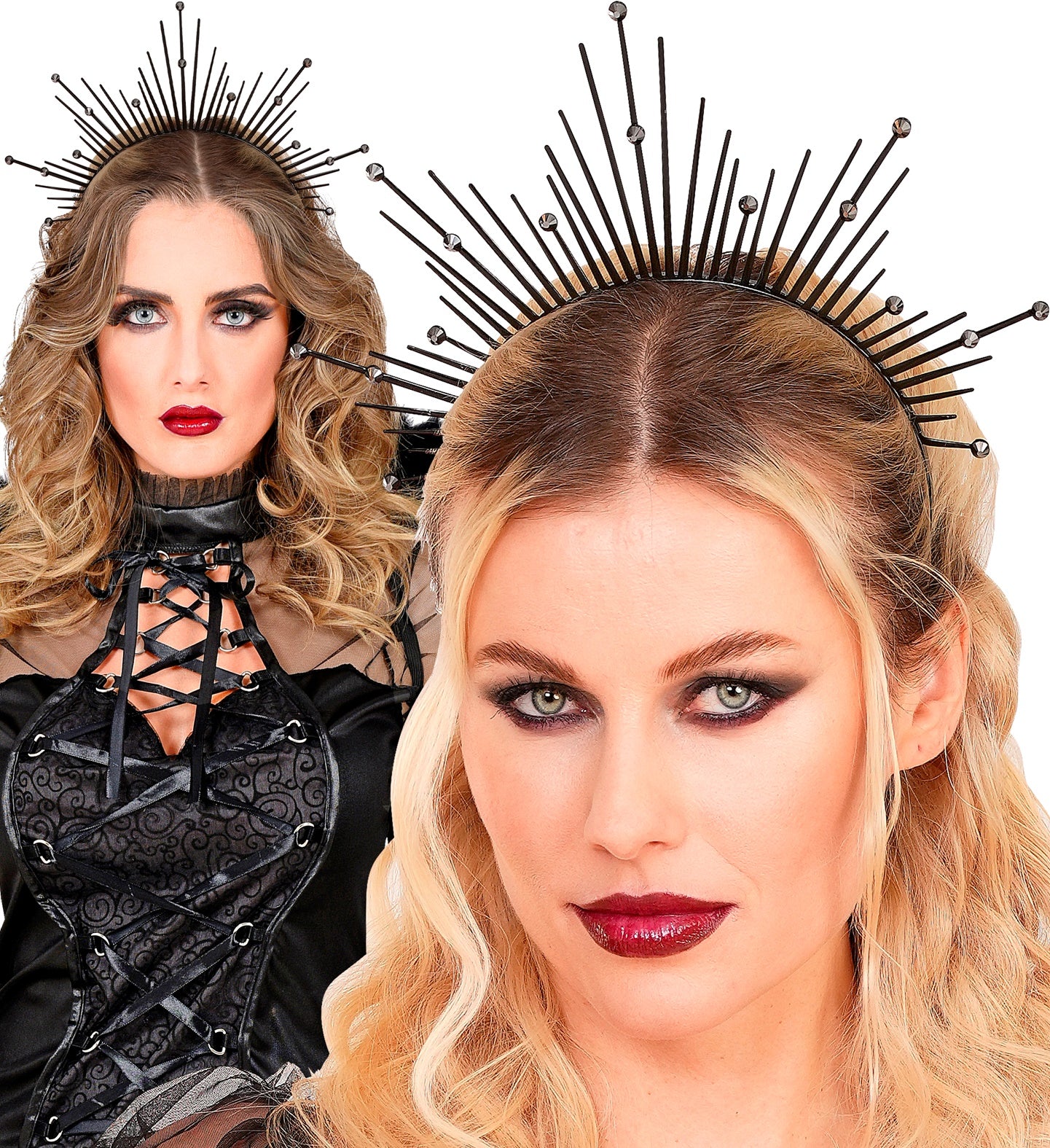 A collage showing a woman modeling the black sunburst halo headband, styled for a dark goddess or evil queen costume.