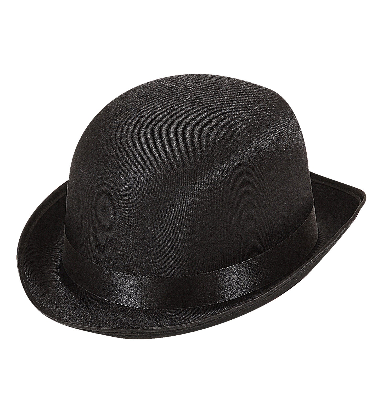 A single black satin bowler hat with a satin black ribbon band, shown at an angle, isolated on a white background.