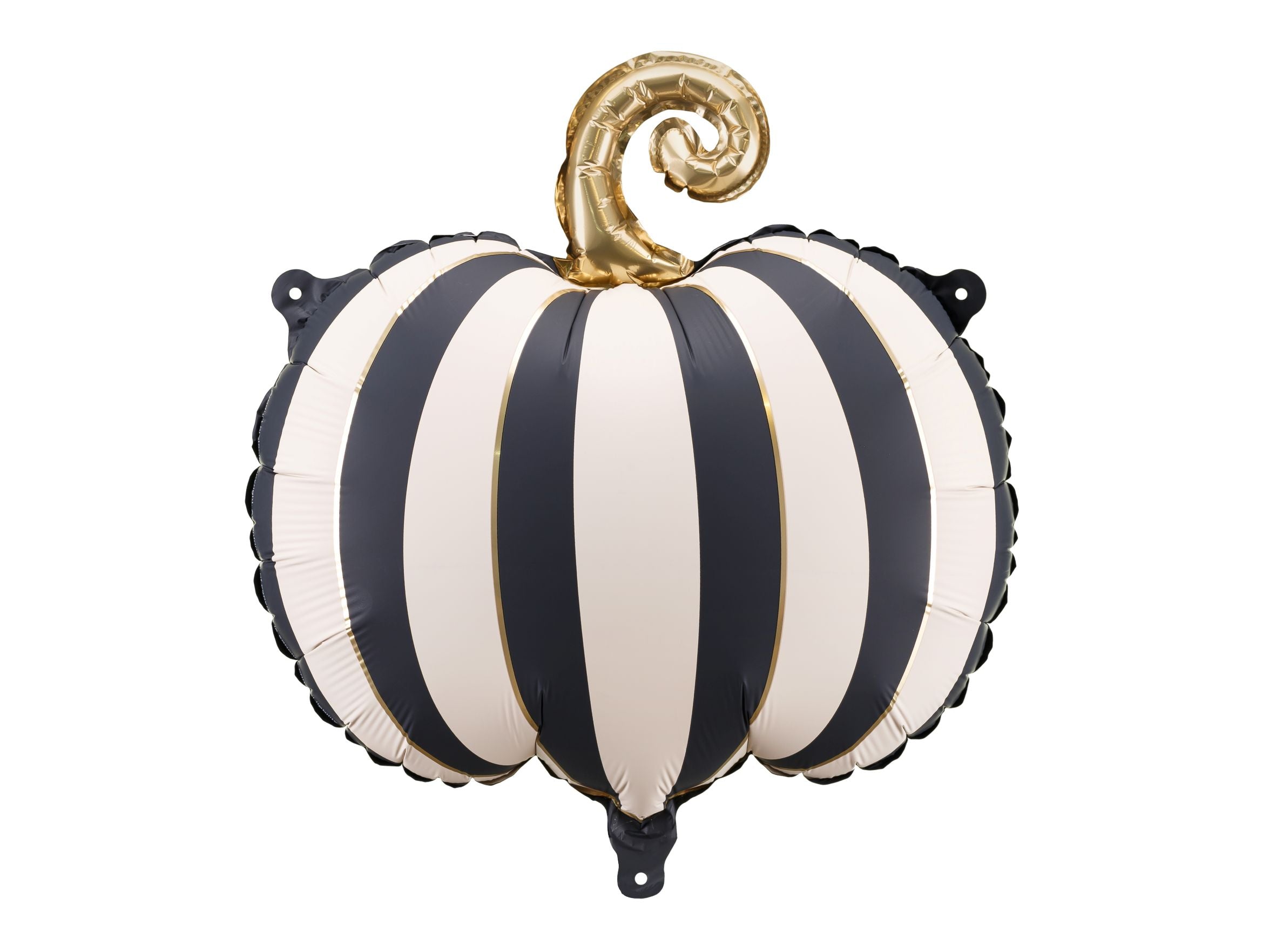 A large, inflated foil balloon shaped like a pumpkin, featuring bold vertical black and white (or cream) stripes and a metallic golden curly stem, isolated on a white background.