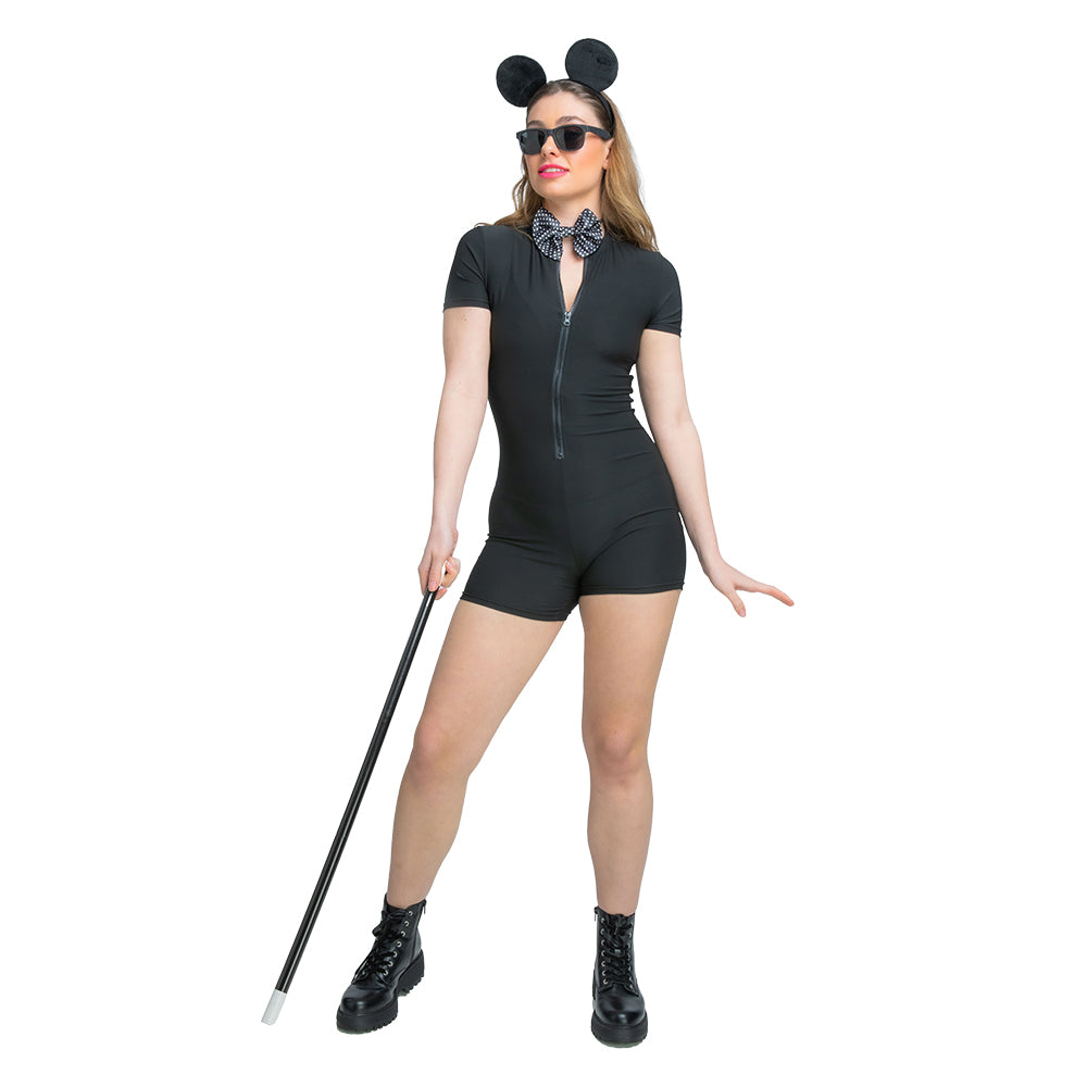 A woman models a Blind Mice costume using the accessory kit (ears, bowtie, glasses, cane) paired with a black outfit.