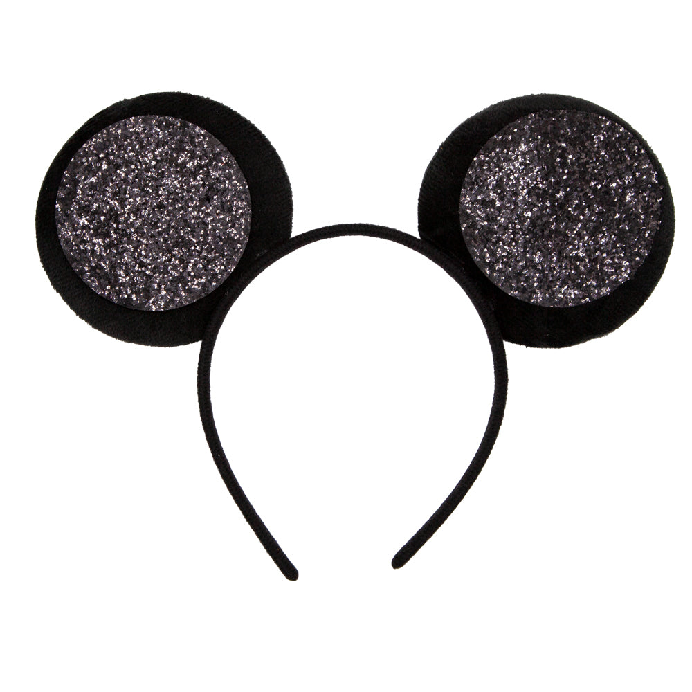 Close-up of the black mouse ears headband with sparkly grey inner ear details.