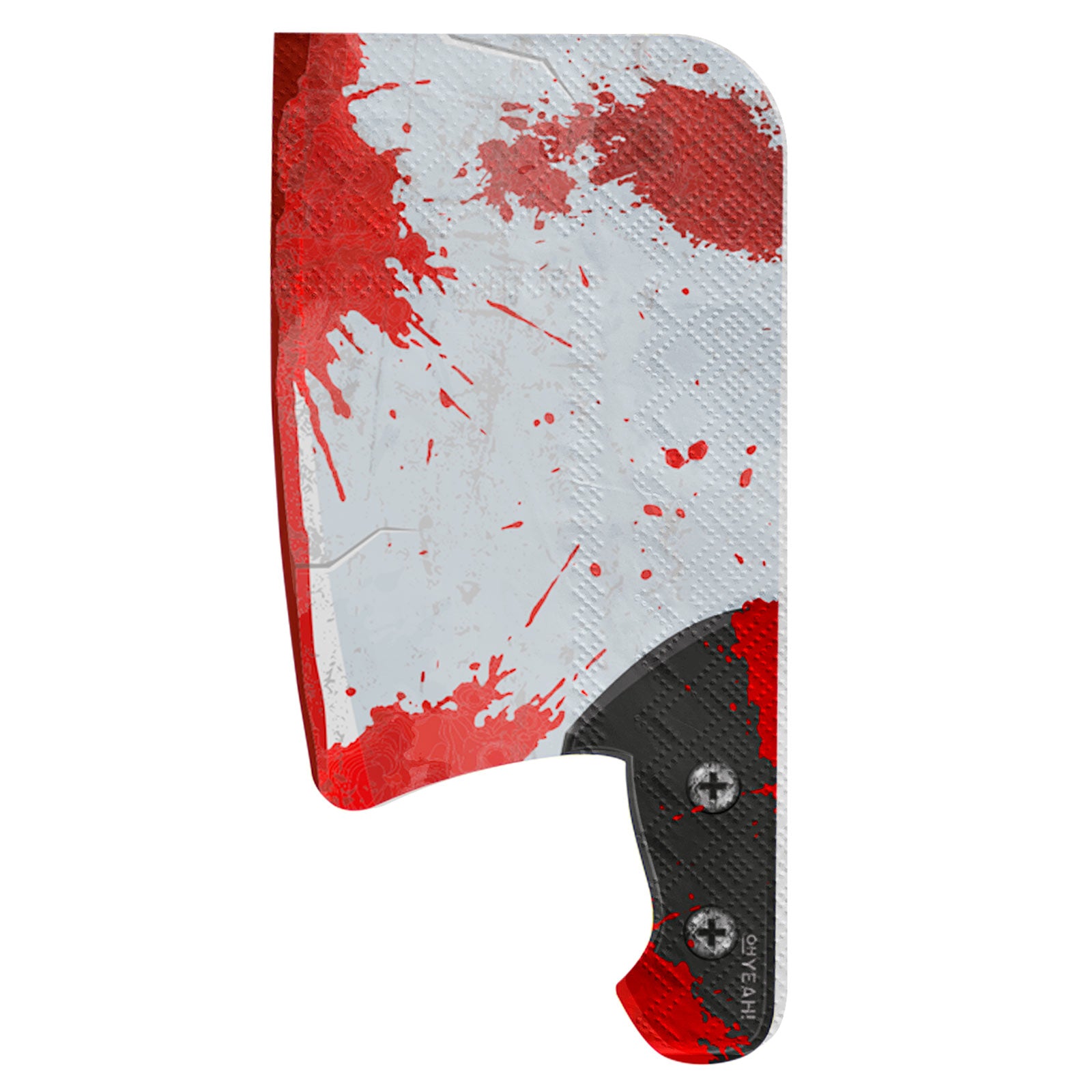 A die-cut paper napkin shaped like a butcher's meat cleaver, featuring a realistic silver blade and black handle covered in red blood splatters.