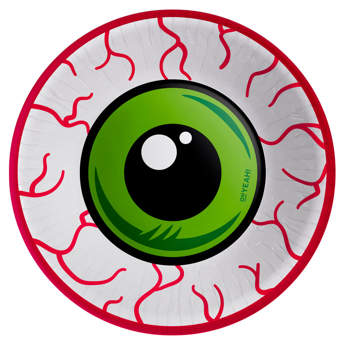 A Halloween snack bowl featuring a stylized eyeball with a bright green iris, black pupil, white highlights, and red blood-like vessels on a white background. 