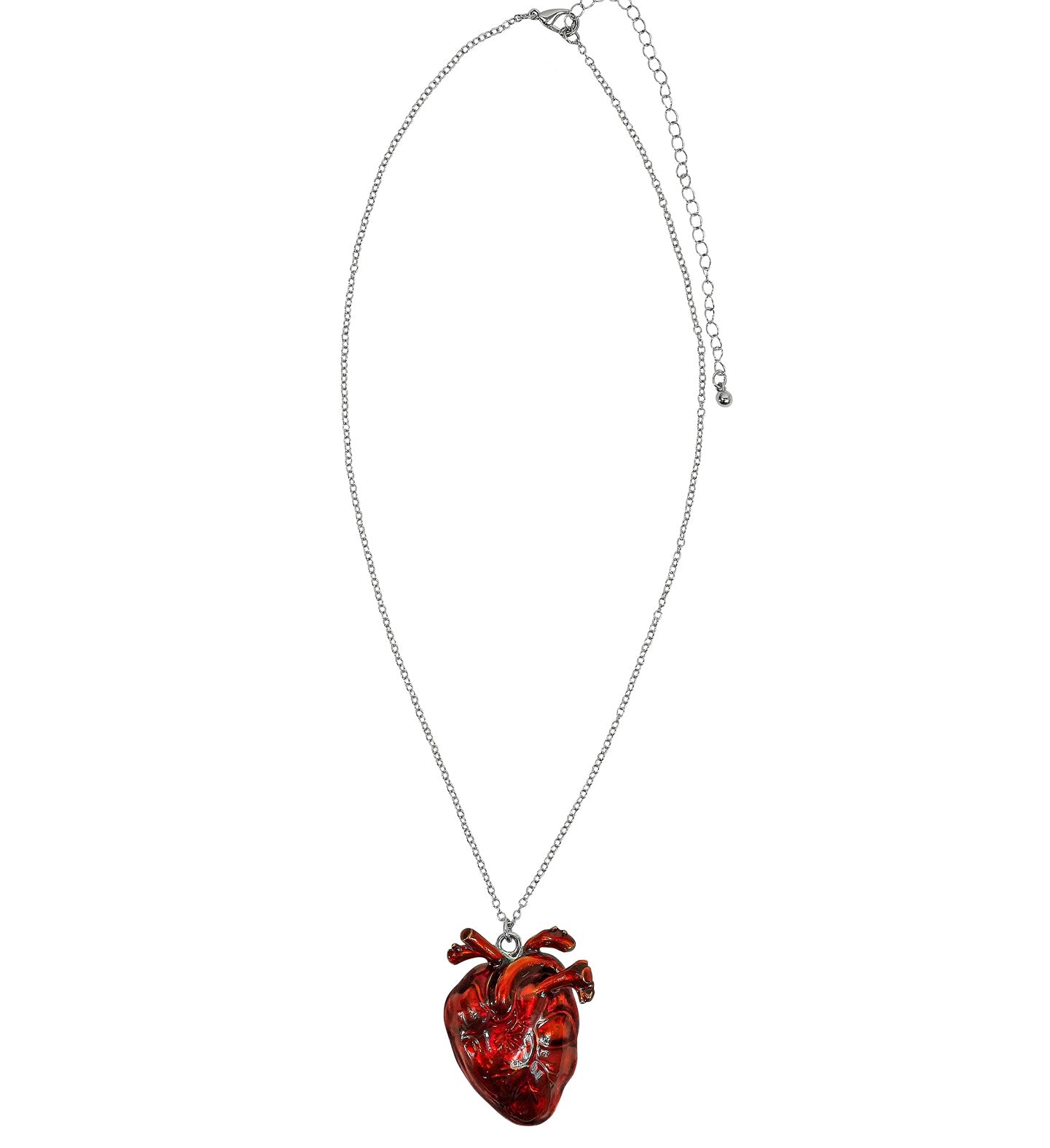 A silver-tone chain necklace with a glossy red anatomical heart pendant, shown on a white background.
