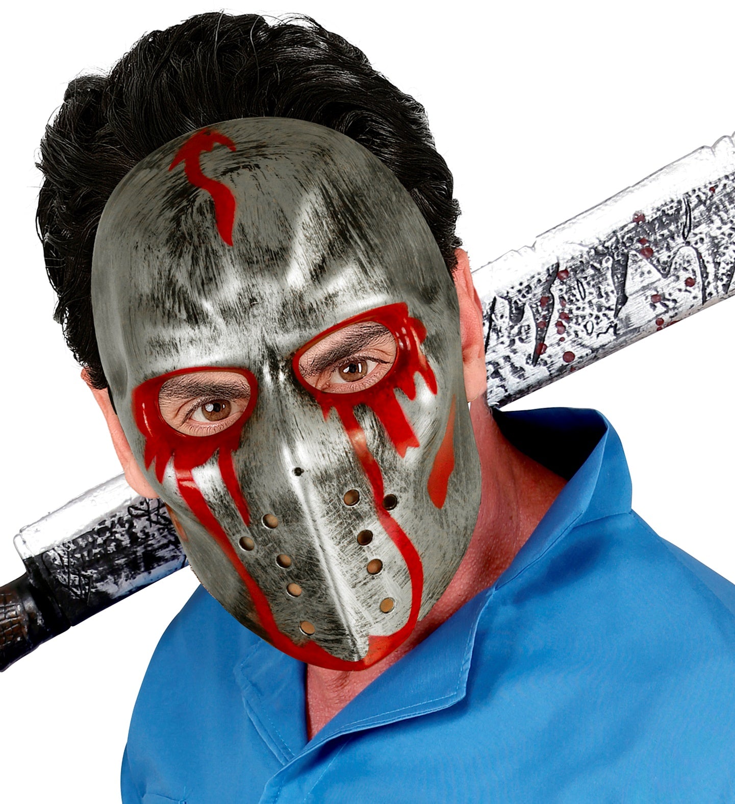 A person in a slasher costume wearing the bloody hockey mask, with a large prop knife resting on their shoulder.