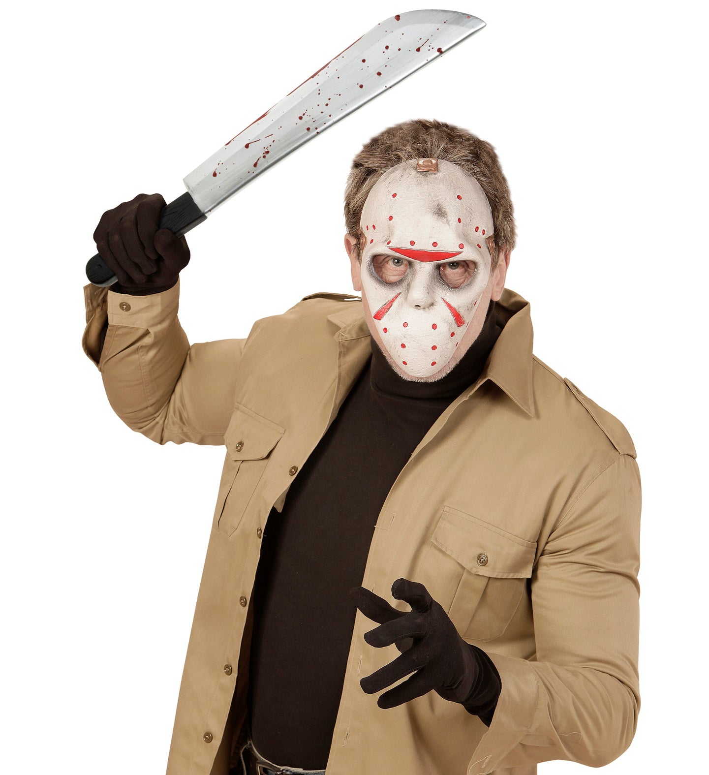  A person in a Jason Voorhees-style slasher costume with a hockey mask, raising the bloody machete prop.