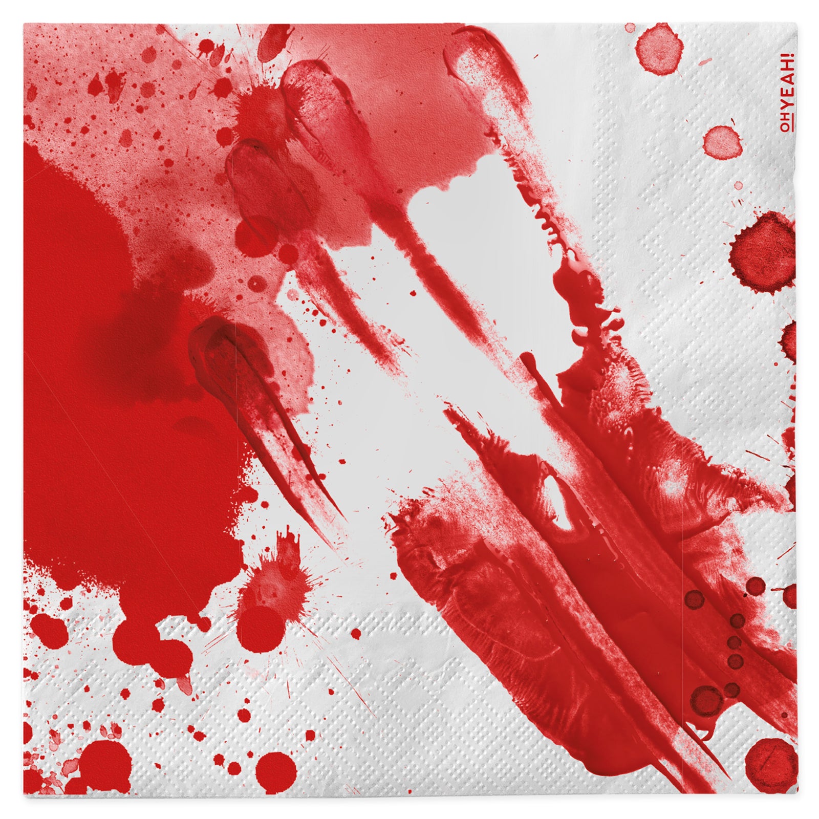A square white paper napkin printed with realistic bright red blood splatters and smeared bloody marks.