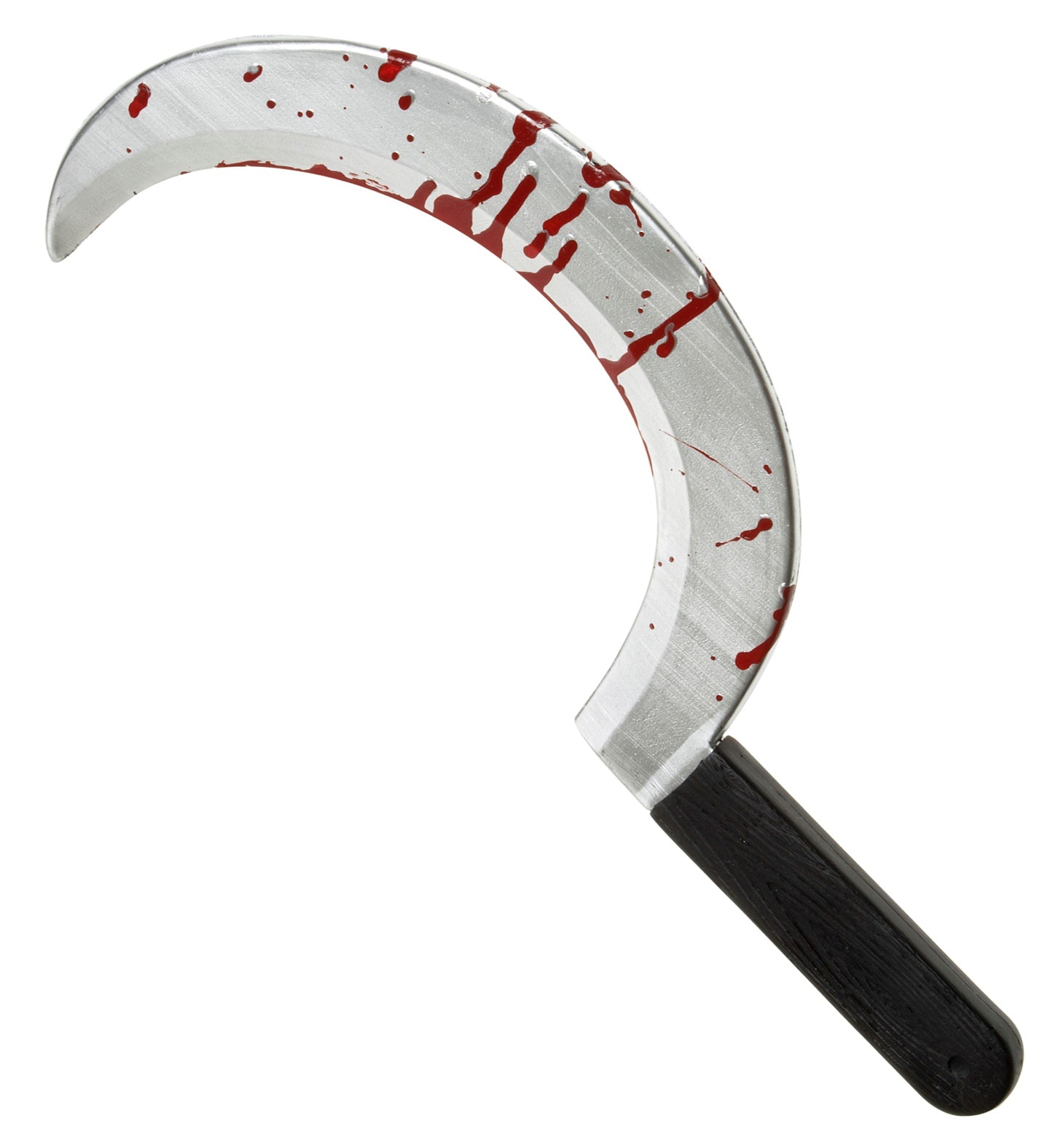 A plastic bloody sickle prop with a curved silver blade and black handle, splattered with fake red blood.
