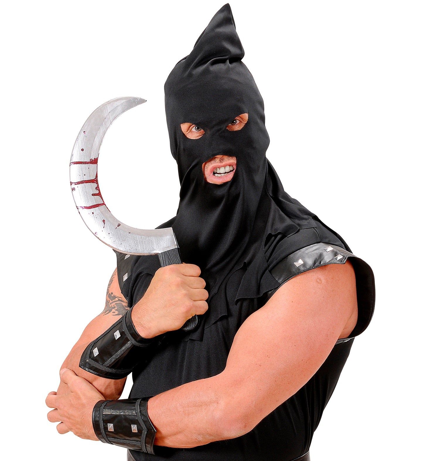 A man in a menacing black executioner costume holding the large, bloody sickle prop.