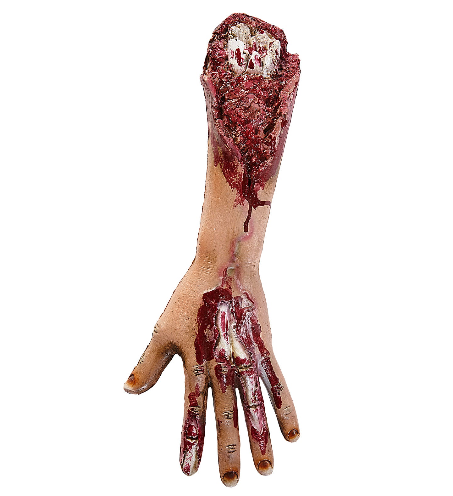 A gory Halloween prop of a fake severed arm, showing a bloody stump with an exposed bone and a blood-covered hand.