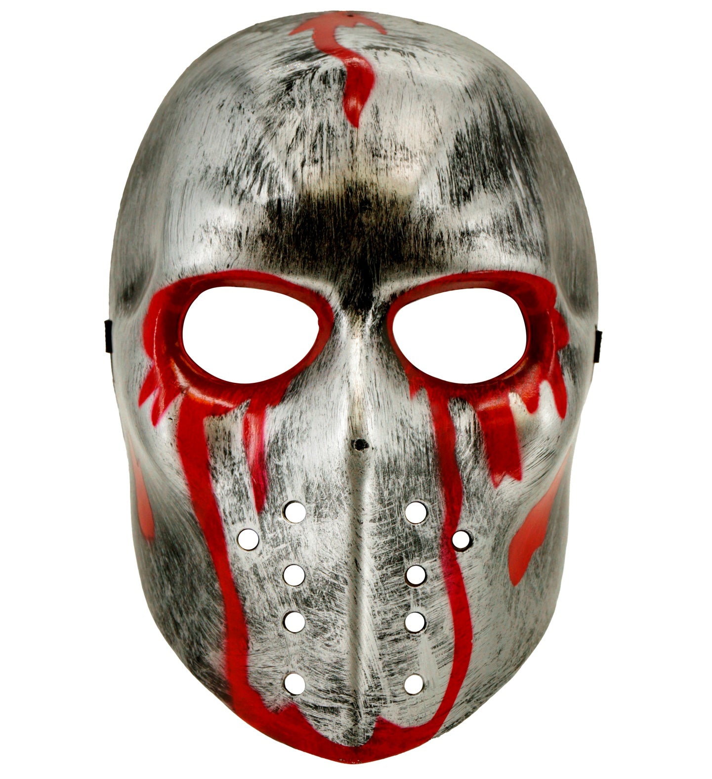 A silver horror Jason hockey mask with a weathered finish and bright red, bloody streaks dripping from the eyes and forehead.