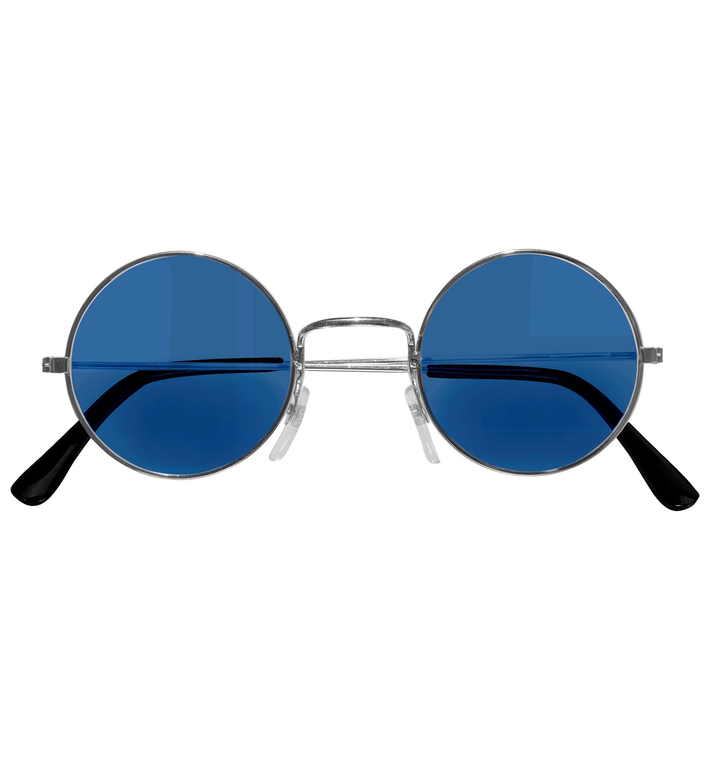 A pair of round, blue-tinted glasses with thin gold-colored wire frames, isolated on a white background.