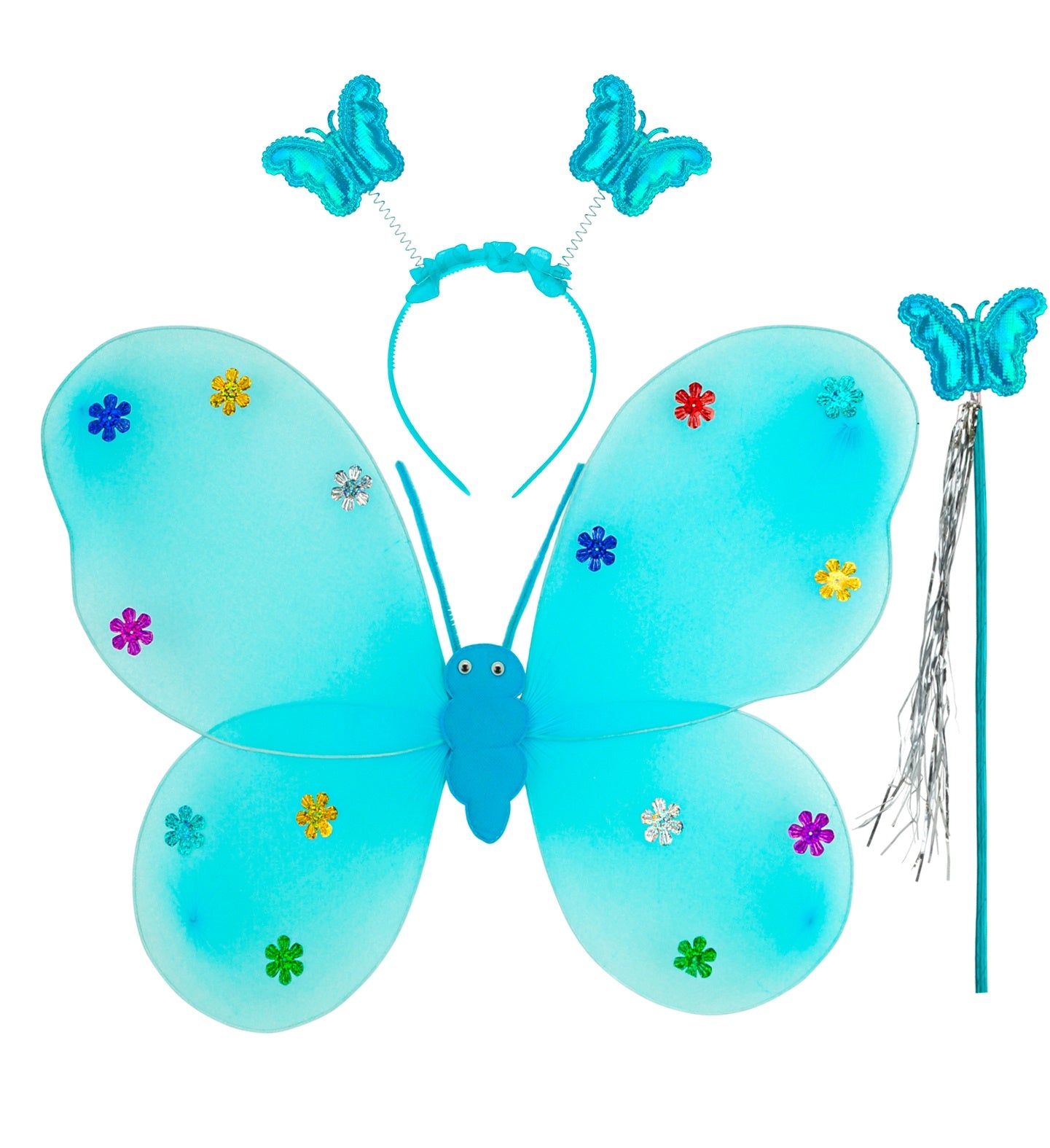 A flat lay display of a children's blue butterfly costume set featuring bright blue wings with colorful flower decals, a blue headband with butterfly boppers on springs, and a matching wand with silver tassels.