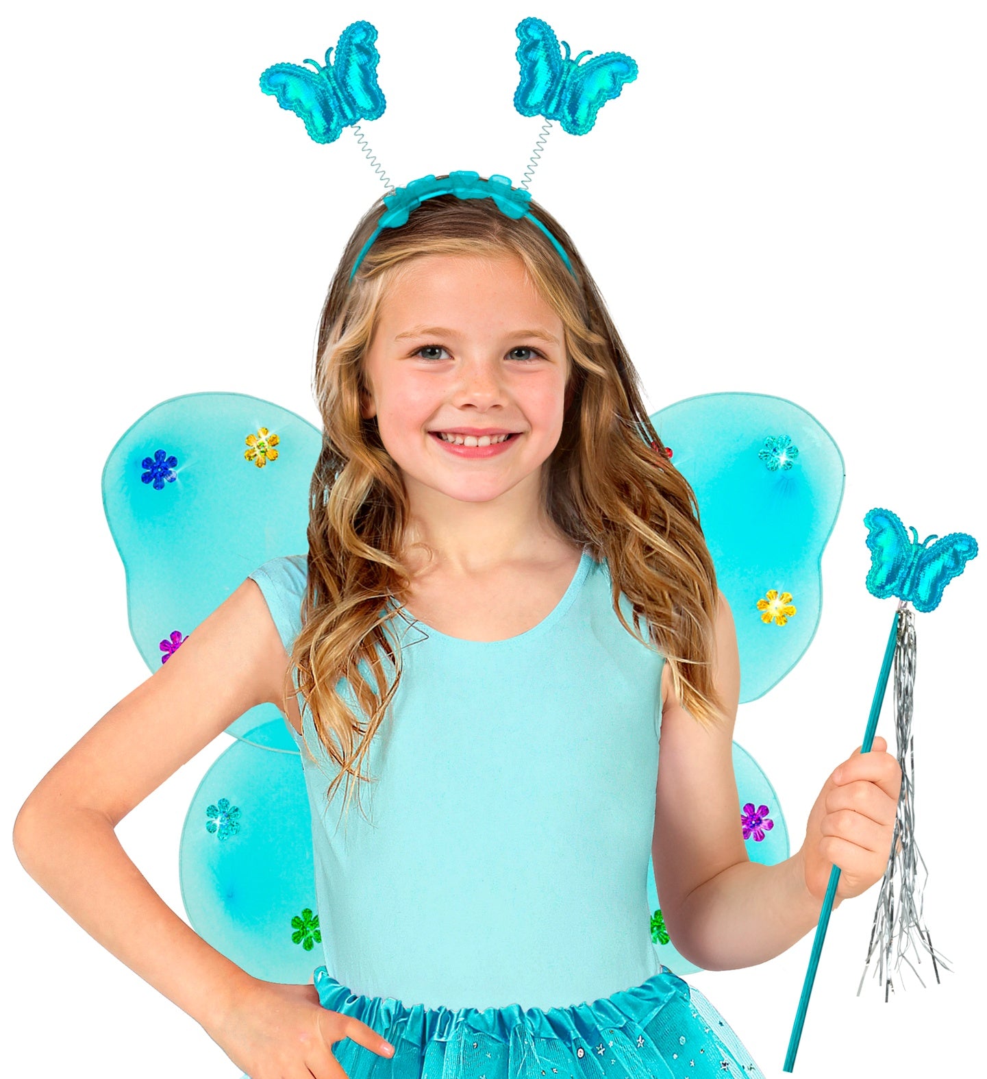 A smiling child dressed in a bright blue butterfly fairy costume, wearing blue wings decorated with colorful flowers, a bouncy butterfly headband, and holding a matching blue magic wand with silver tassels.