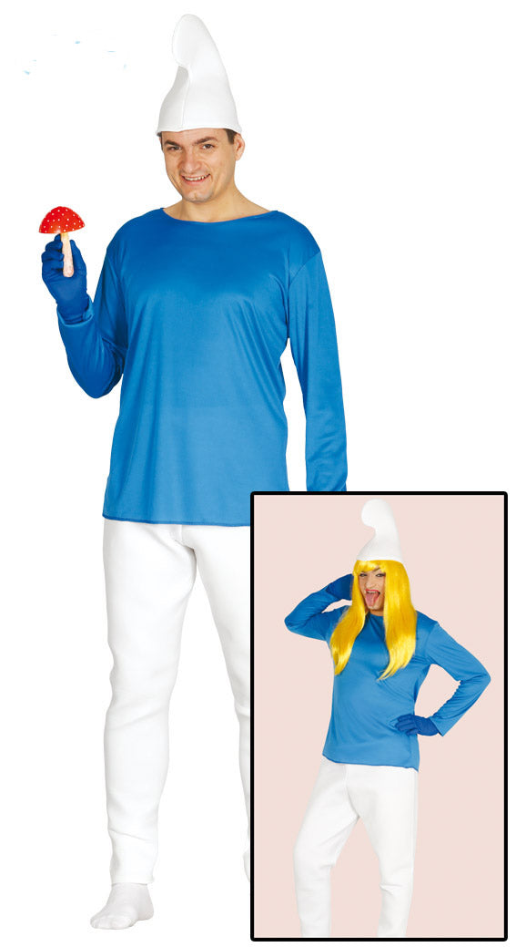 A man posing in a classic blue gnome fancy dress costume holding a toy mushroom, featuring a bright blue long-sleeved top, white trousers, and a curved white hat. An inset image shows a feminine styling of the same costume paired with a long blonde wig.