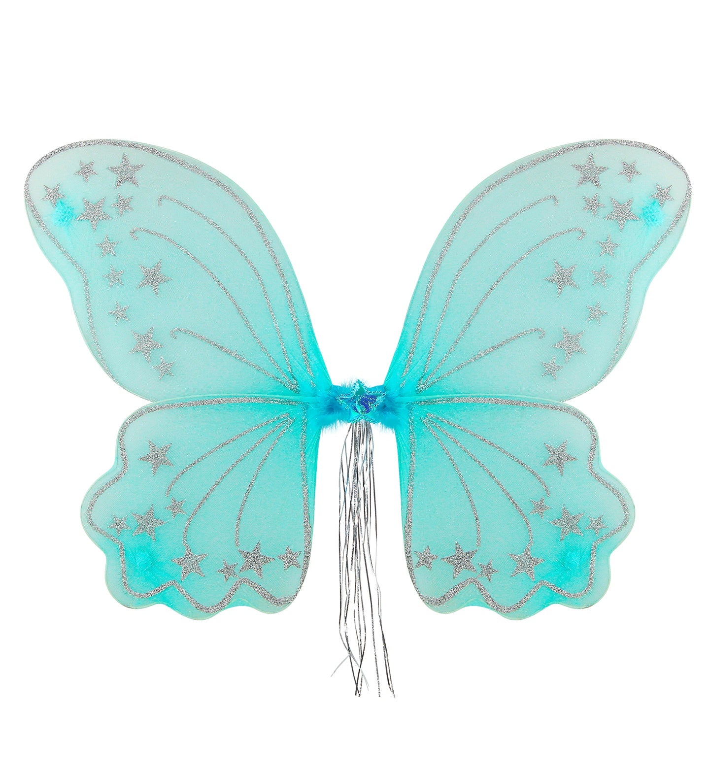 A flat lay display of bright blue fancy dress fairy wings measuring 50 by 45 centimeters, featuring sparkling silver glitter star patterns and silver center tassels.
