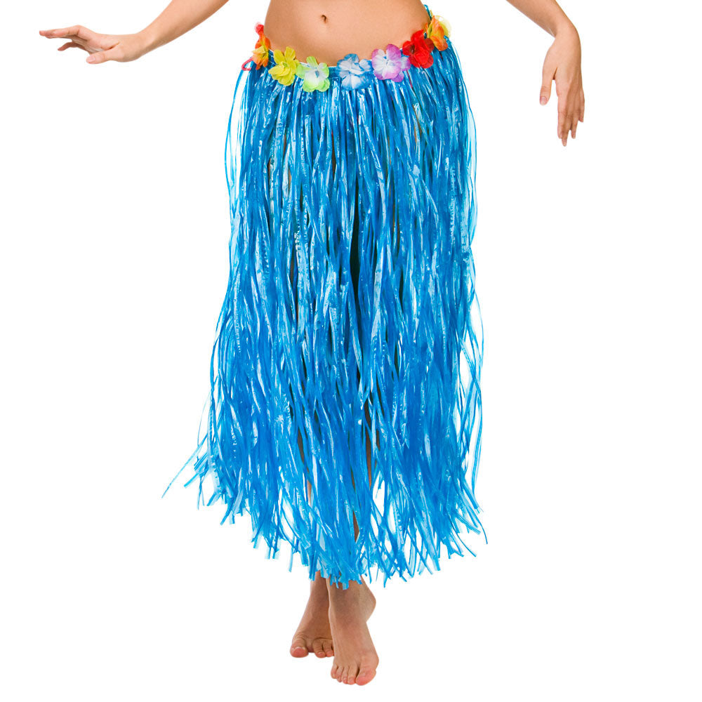 Long blue Hawaiian Grass Skirt with Flower Waist 80 cm