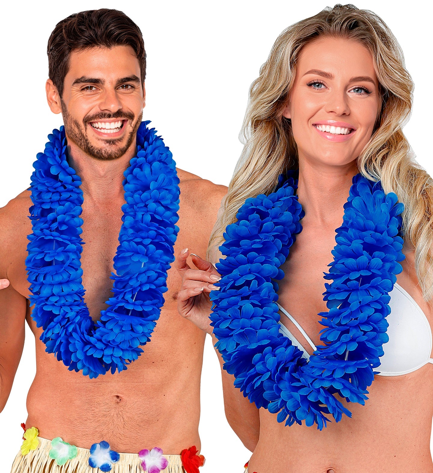 Two smiling individuals, dressed in hula-style costumes, both adorned with a vibrant royal blue Hawaiian lei around their necks, against a plain white background.