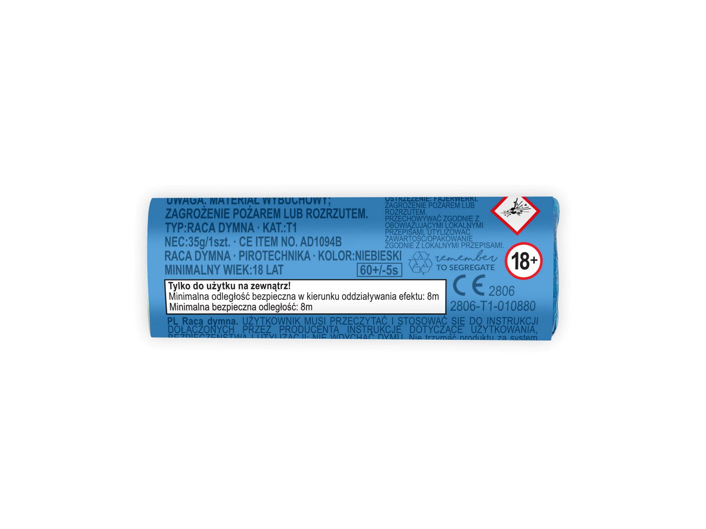 Technical label of a blue smoke bomb showing CE marking, T1 theatrical classification, and 18+ age restriction warnings.