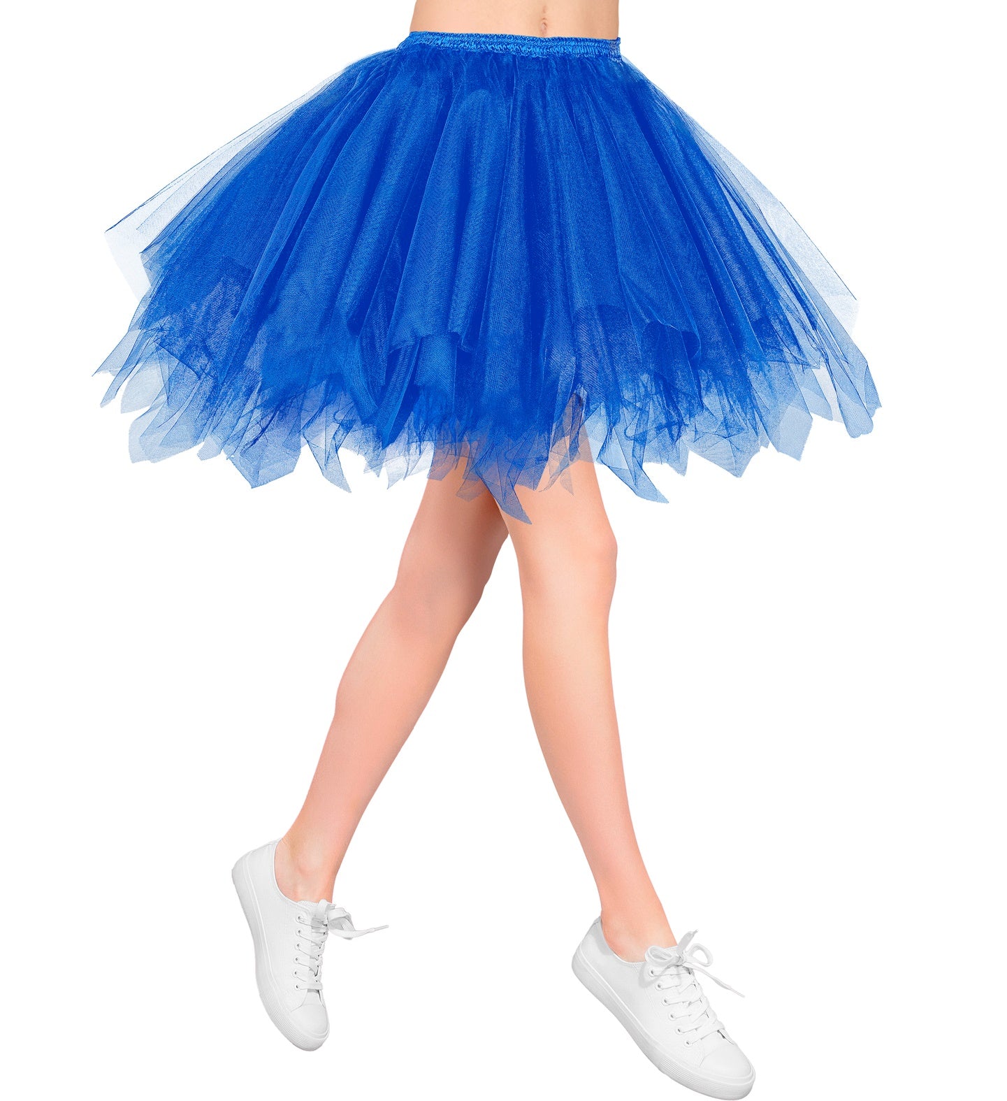 Woman's legs wearing a short, fluffy blue tutu skirt with white trainers.