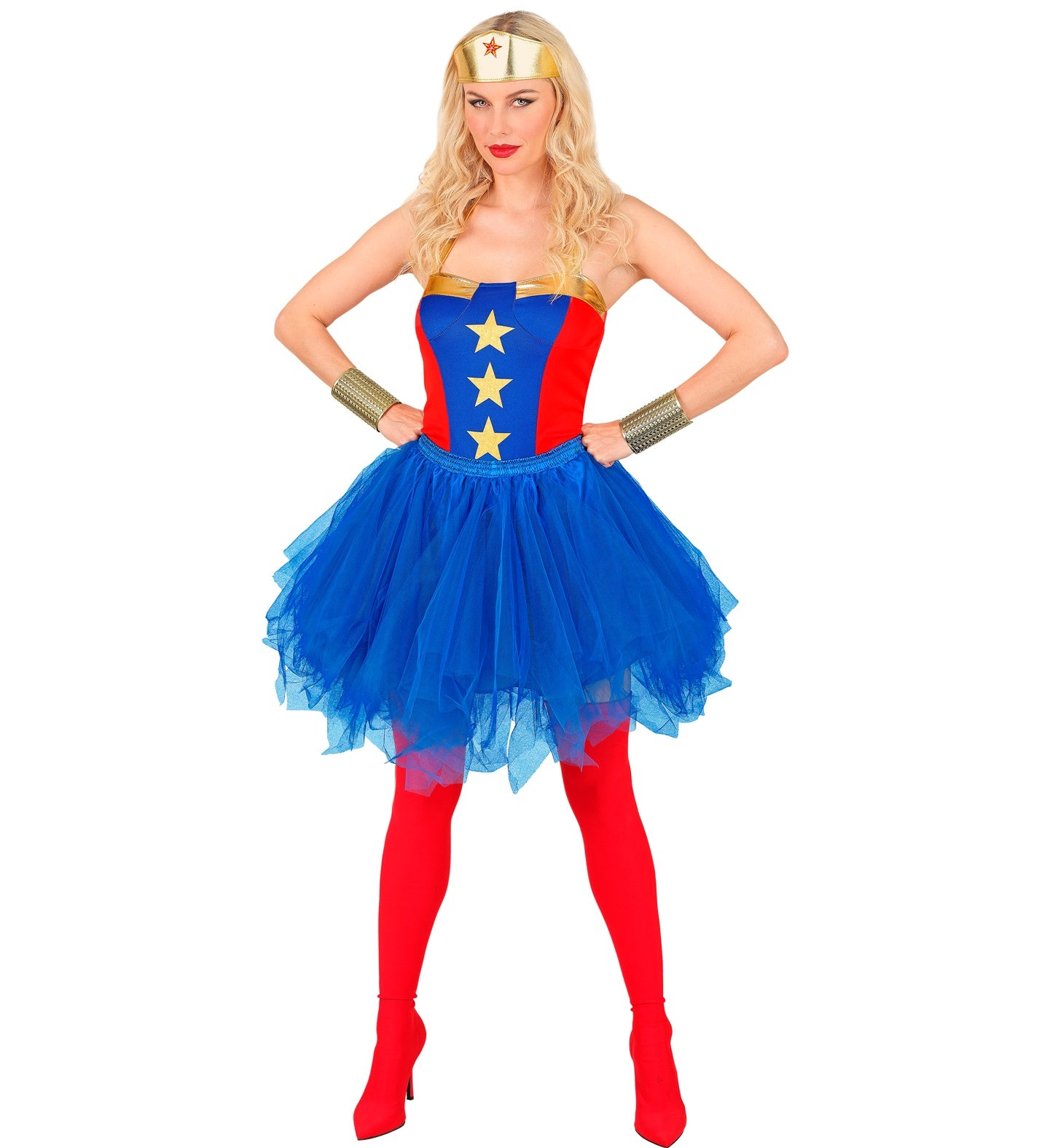 Woman in a superhero costume (Wonder Woman style) featuring the blue layered tutu skirt.